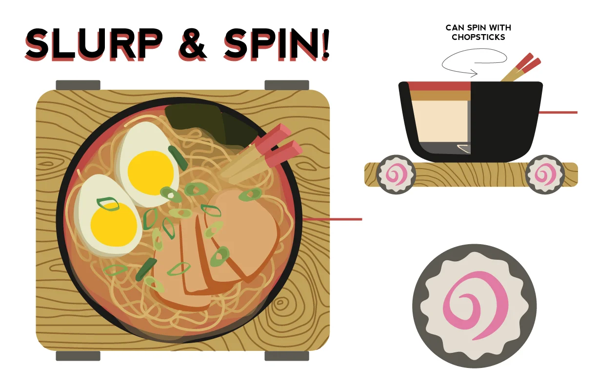  Concept for a ramen-themed pull toy. 