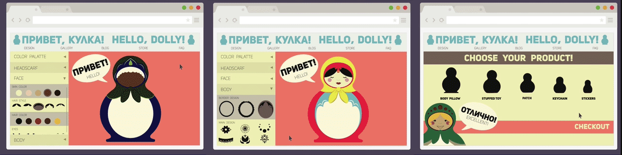  Concept for a custom matryoshka design app: users can design their doll, then order from a variety of products. 