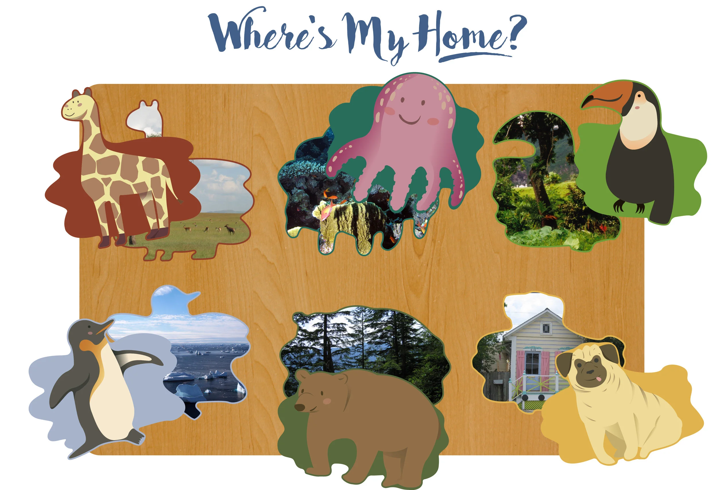  Concept for an educational puzzle designed to help children learn about animals and their habitats. 