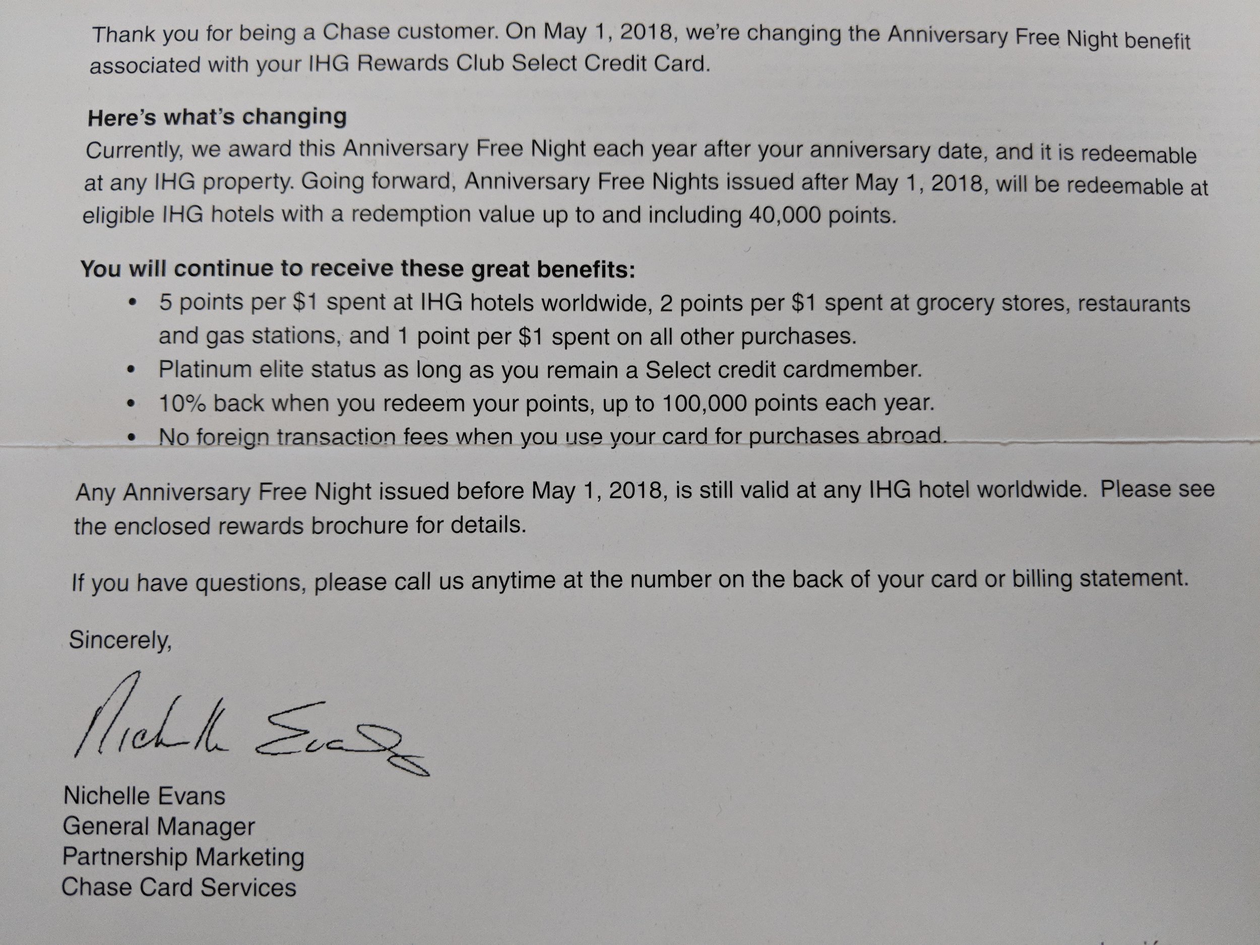Update Negative Changes To The Chase Ihg Rewards Club Select Card