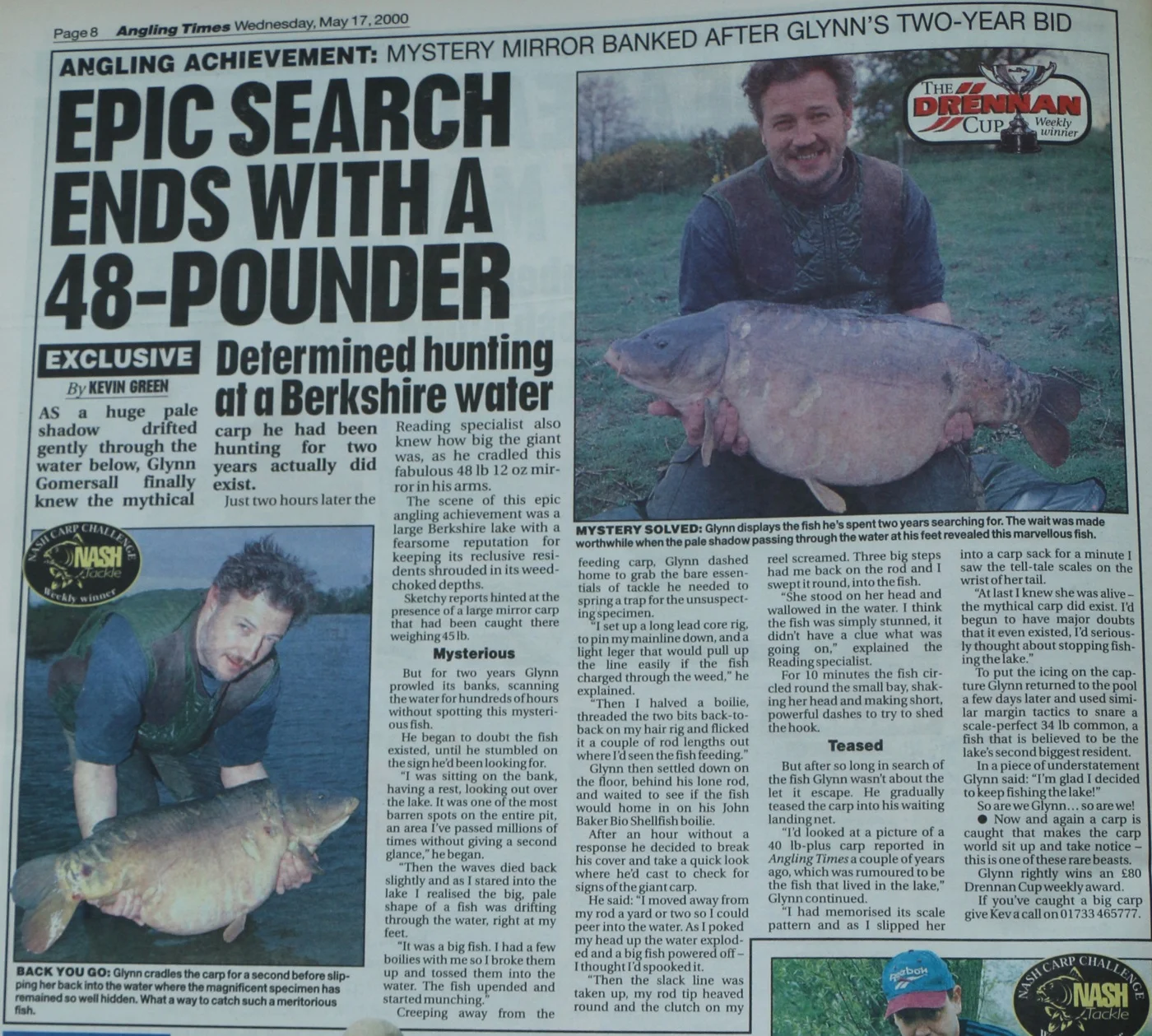 How the news was reported in Angling Times in 2000