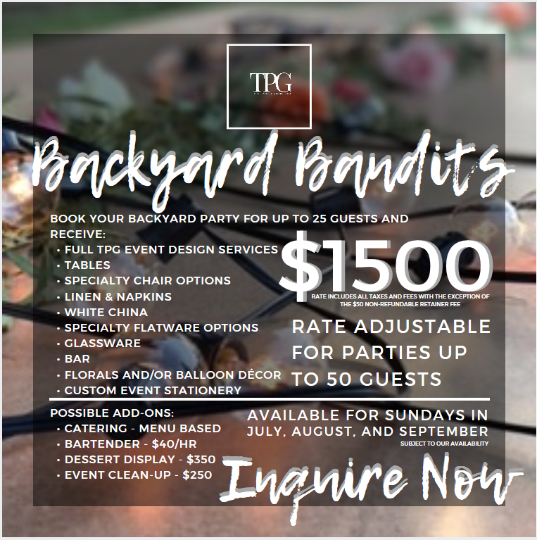 Perfect for Birthdays, Showers, & Other Small Celebrations. Click to view Catering add-on details.