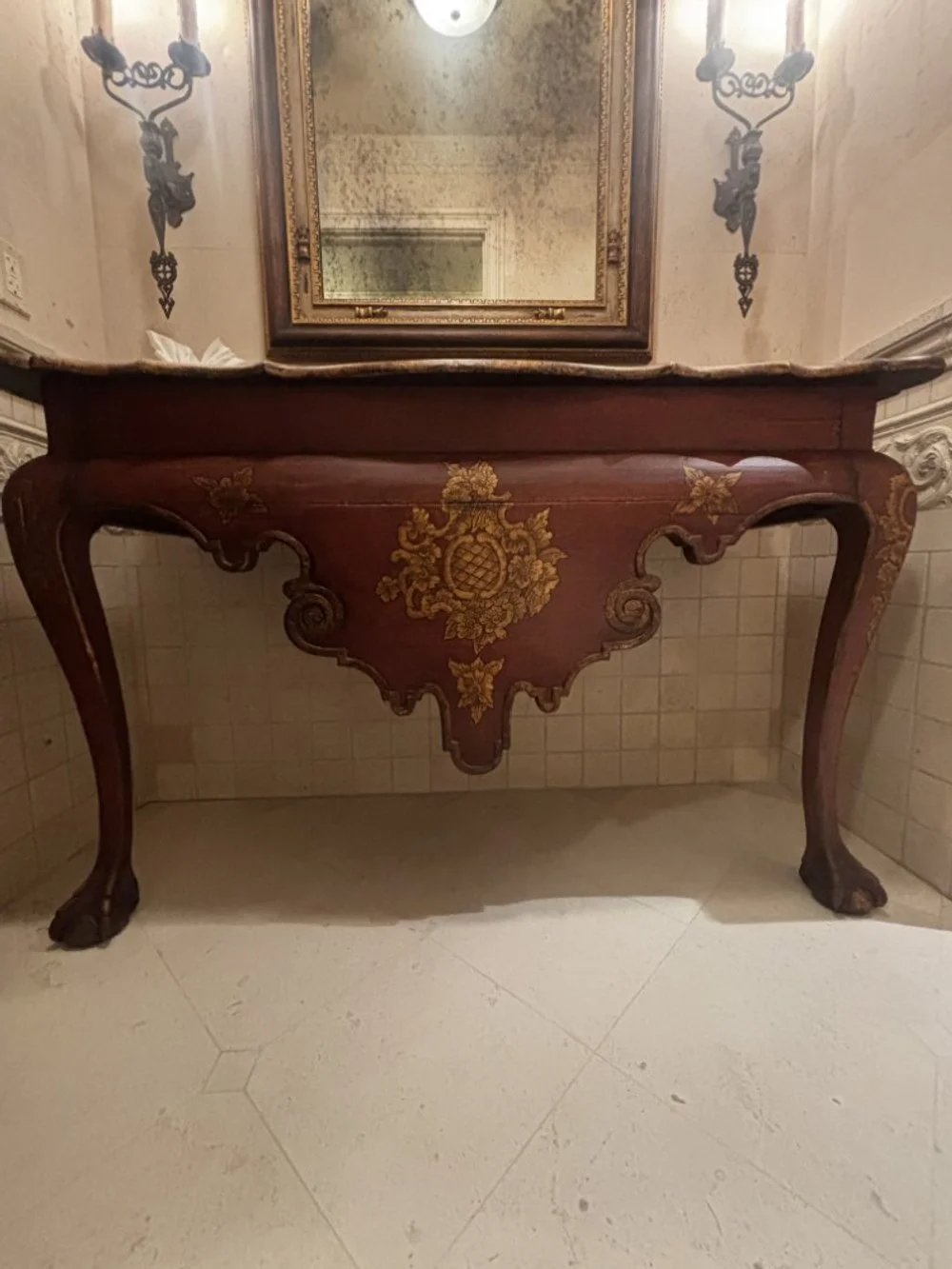 Ready-to-Install Powder Room: Vanity, Brass Sink, Perrin &amp; Rowe, Sconces, Mirror, and Toilet