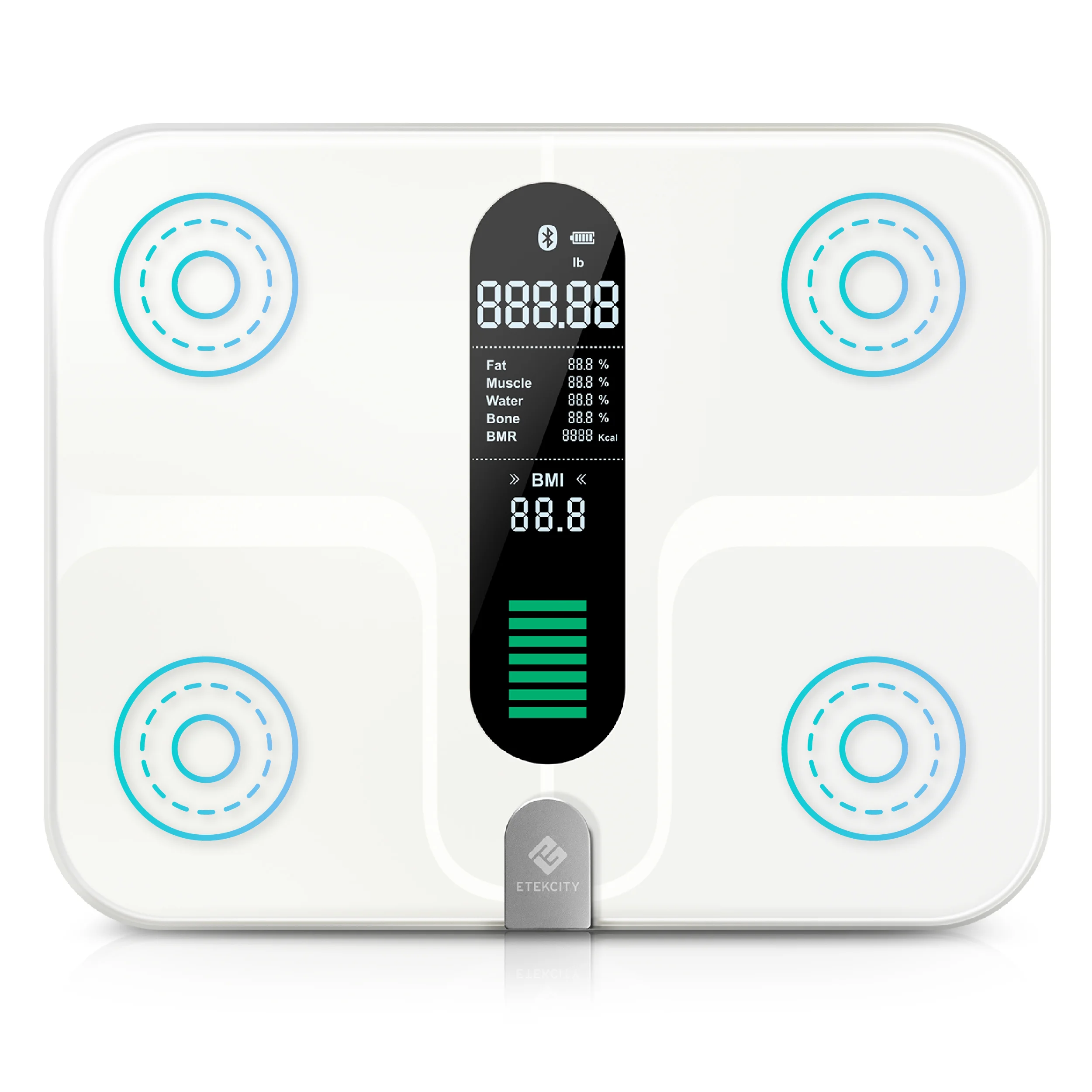 Accurate Measurements 4 high-tech sensors ensure precise measurements, provided in 0.2 lb (0.05 kg) increments. Scale capacity: 400 lb.