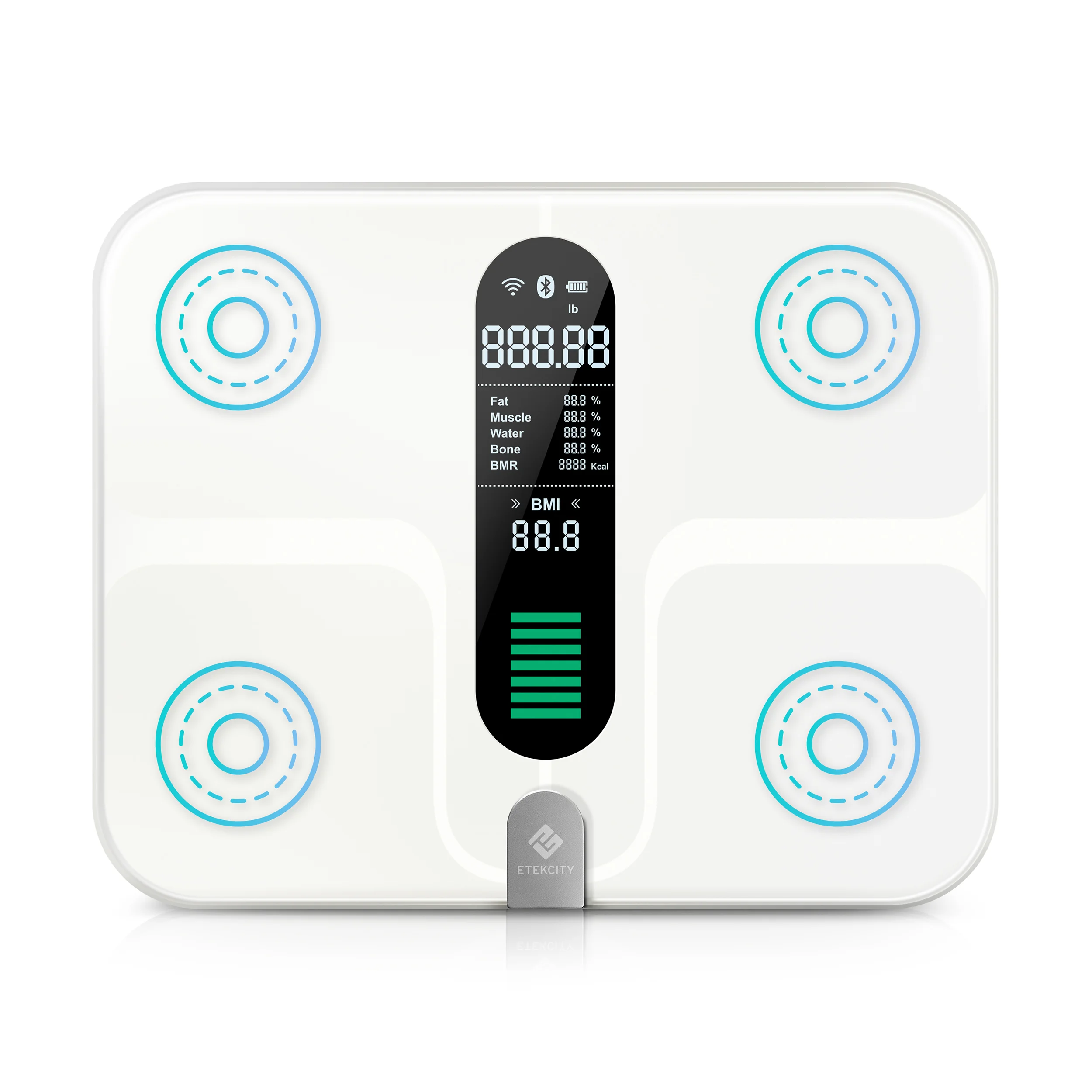 Accurate Measurements 4 high-tech sensors ensure precise measurements, provided in 0.2 lb / 0.05 kg increments. Scale capacity: 400 lb / 180 kg.