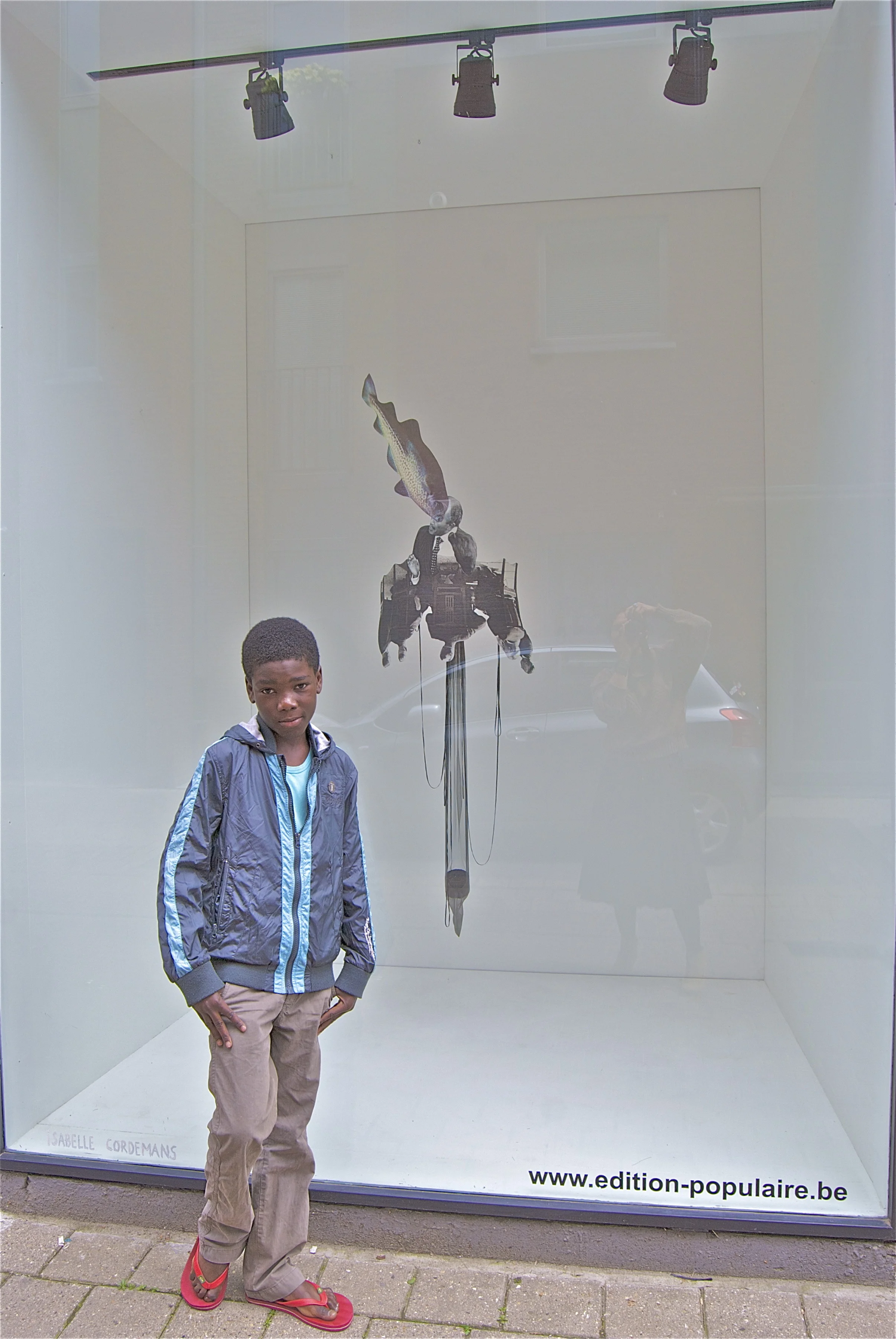 "Nopales" with this sweet neighborhood boy who took real interest in the work, epson print, cardboard, nylon, silk, cardboard, 2'x 4', 2012