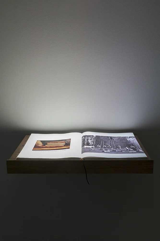 A book for a film (Sayat), 2017. Full HD Video projection on open book. Book; 30.5 x 34 x 2.7 cm, Lectern; 65 x 39.5 x 15 cm