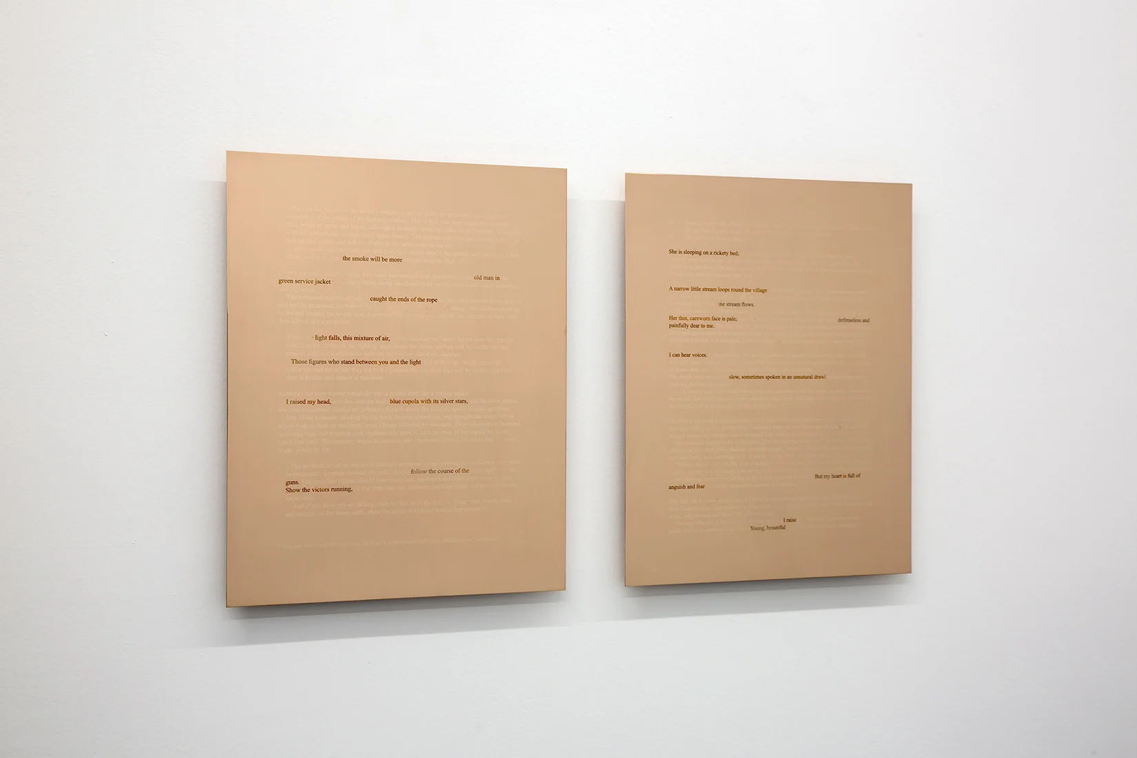 Light falls, the mixture of air, 2018 and The stream flows, 2018. Copper plate, epoxic laquer, valchromat and wood. 39 x 30.5 cm / each