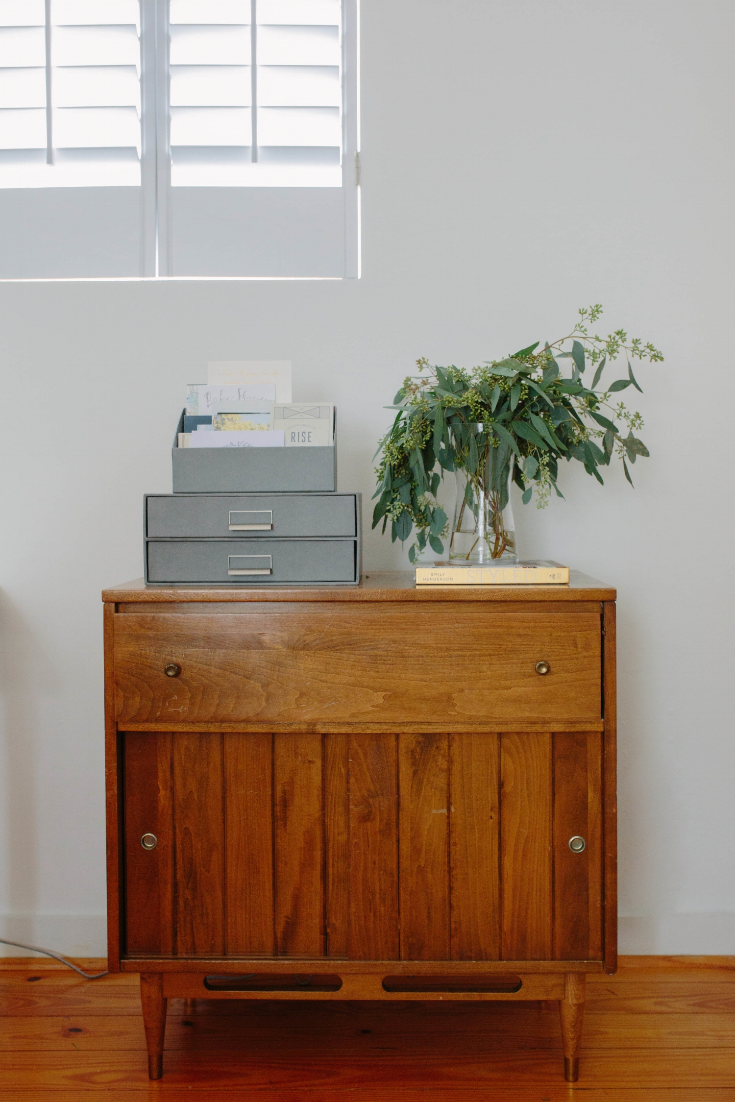 Wooden end-table dresser in hallway with grey wall plant on top and retro file cabinets