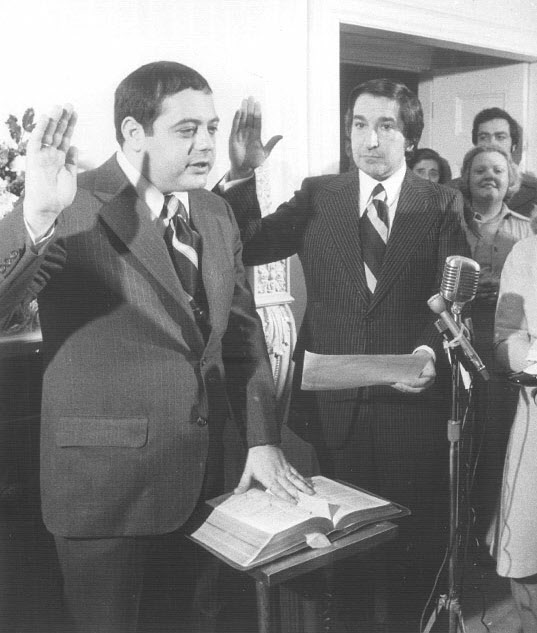 Buddy at his swearing-in ceremony in 1975. He became the youngest mayor in the city's history, its first Italian-American, and its first Republican since the Great Depression. Courtesy of the Providence Journal.