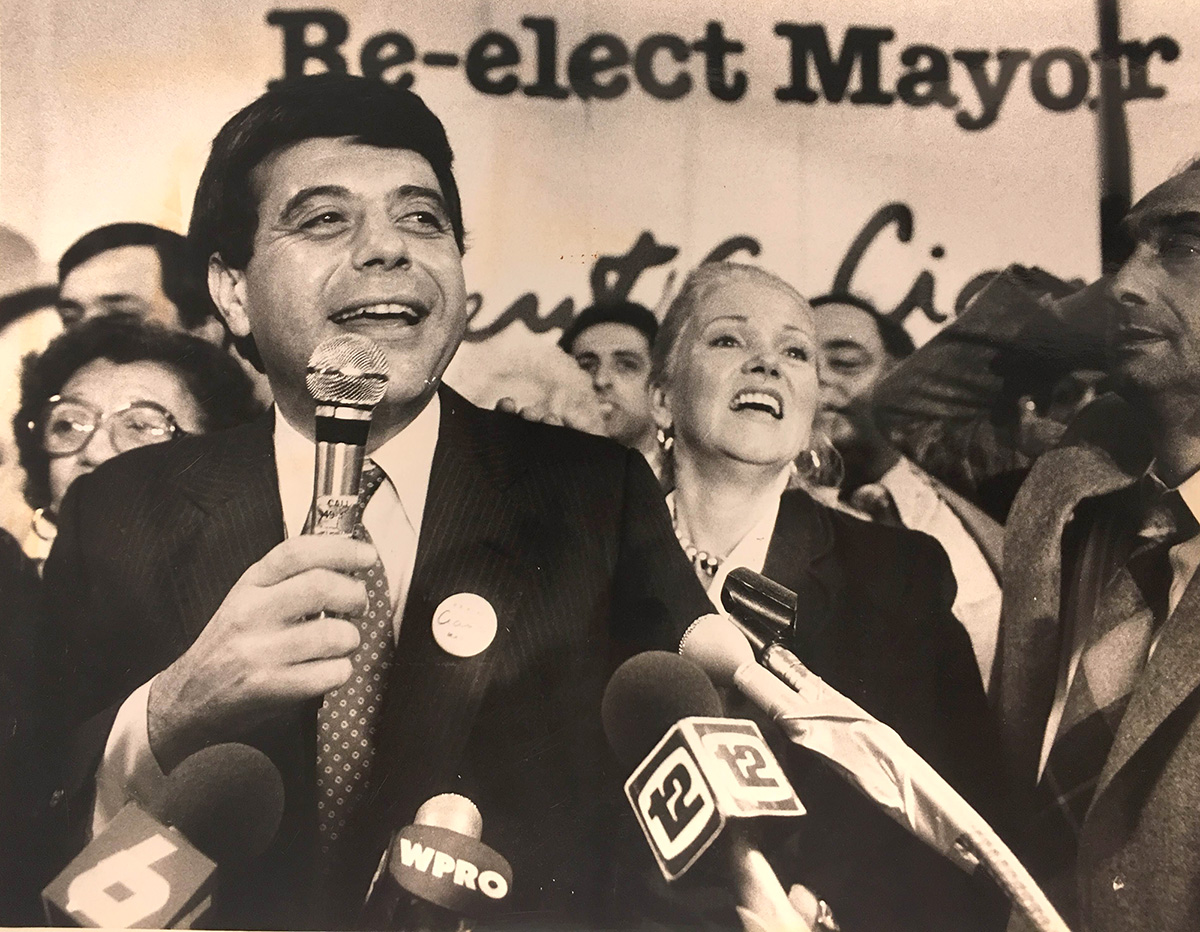 Buddy talks to supporters at the Providence Holiday Inn after winning a third term in office in 1982. Courtesy of the Providence Journal/Michael J.B. Kelly.