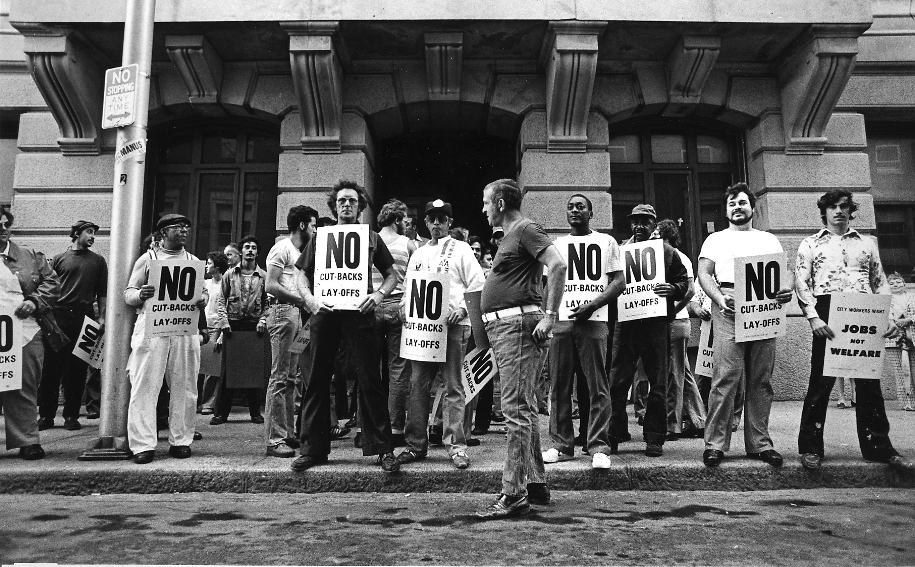 Municipal workers picket Providence City Hall after 180 employees were laid off in 1977. A few years later, Buddy was forced to lay off 300 workers because of a fiscal crisis. Courtesy of the Providence Journal.