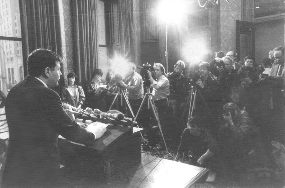 Buddy announces his resignation at a press conference in his City Hall office on April 25th, 1984. Courtesy of the Providence Journal/Pamela Price.