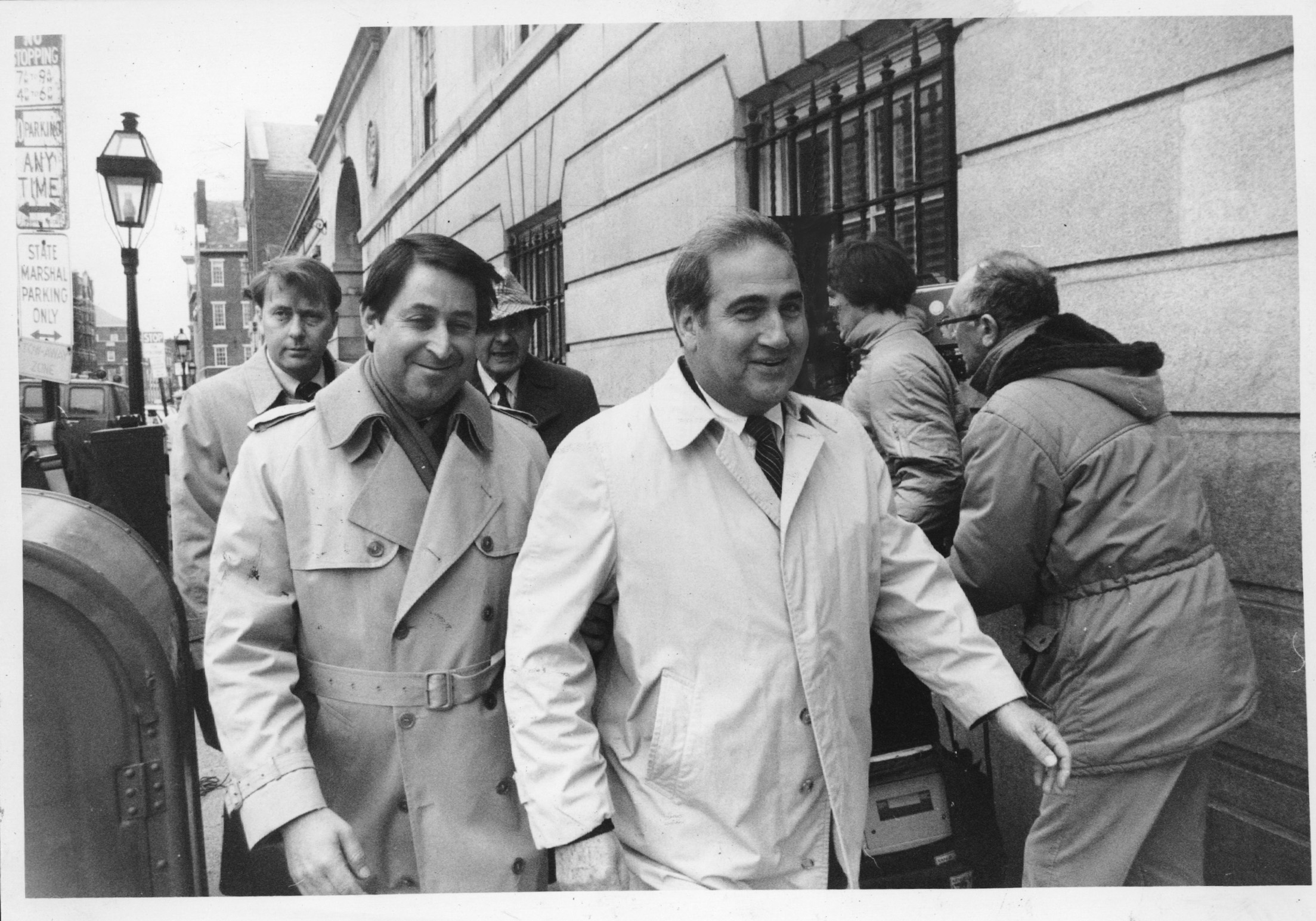 Raymond DeLeo, right, the man assaulted by Buddy, leaves Superior Court in Providence, accompanied by his attorney. On the night of March 20th, 1983, Buddy hit DeLeo, burned him with a cigarette and threatened him with a fireplace log. DeLeo always maintained that he and Sheila did not have an affair. Courtesy of the Providence Journal/Thomas D. Stevens.