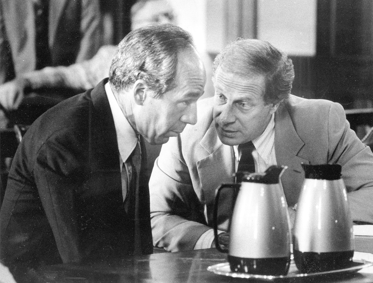 Manocchio listens to his attorney, Martin K. Leppo, before his sentencing in 1983. Courtesy of The Providence Journal.
