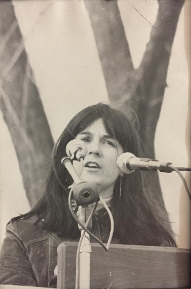 Barbara Roberts speaking at the last mass demonstration against the Vietnam War, on the grounds of the Washington Monument in 1973. Courtesy of Dr. Barbara Roberts.