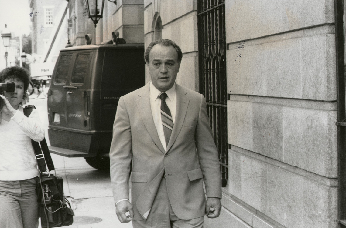Nicky Bianco, an underboss in the Patriarca crime family, leaves Superior Court. According to later witness testimony, Bianco told Joseph Bevilacqua Sr. not to take the Chief Justice position. Courtesy of The Providence Journal.