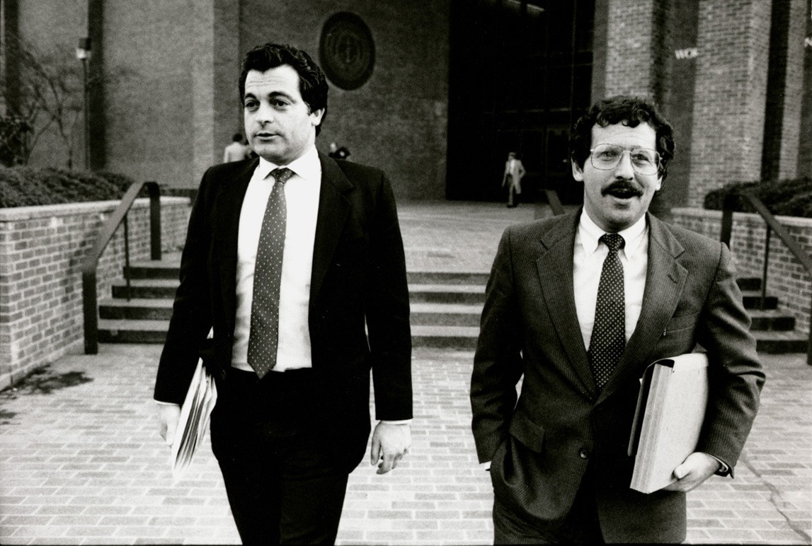 Joseph Bevilacqua Jr., left, with attorney Richard Egbert. Together, they were the defense team for Joseph Bevilacqua Sr. during the House Judiciary Committee's public inquiry. Courtesy of The Providence Journal.