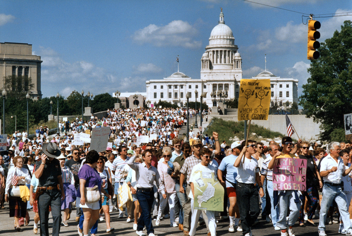 Protesters leave the State House as they march toward Kennedy Plaza during a demonstration in September 1991. Courtesy of The Providence Journal/Andrew Dickerman.