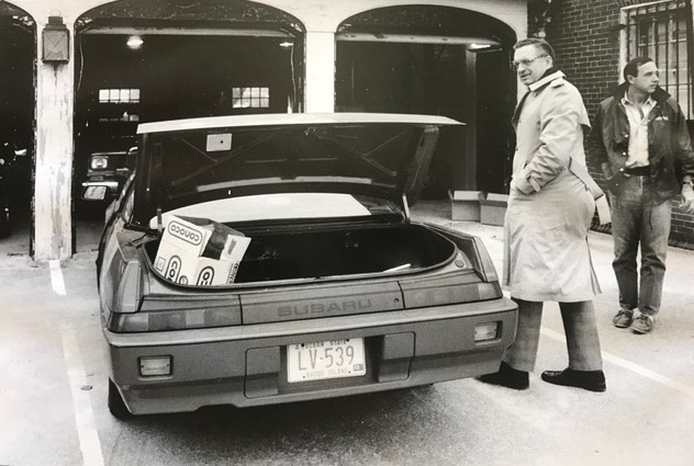Police impounded the car George Chapdelaine used on the day of the attempted Emerald Square Mall robbery. Andrews is on the far right. Courtesy of Brian Andrews.