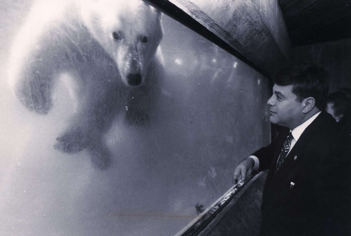 Buddy gets acquainted with a polar bear at the Roger Williams Park Zoo. He "adopted" one of the polar bears as part of a fund-raising program. Courtesy of The Providence Journal/Steve Szydlowski.