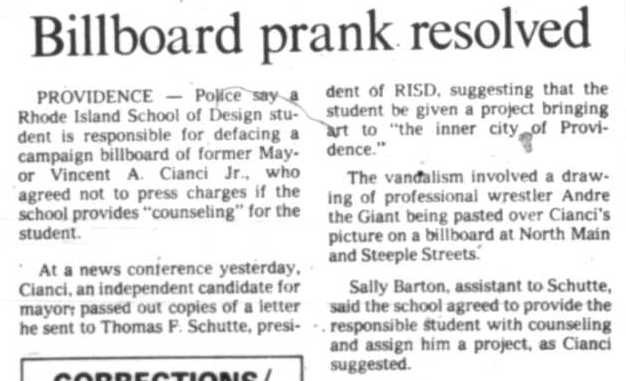 In October of 1990, Buddy Cianci announced he would not press charges against Fairey. It was a chance at image rehabilitation for Buddy, who had developed a reputation as a violent thug. Courtesy of the Providence Public Library/The Providence Journal.