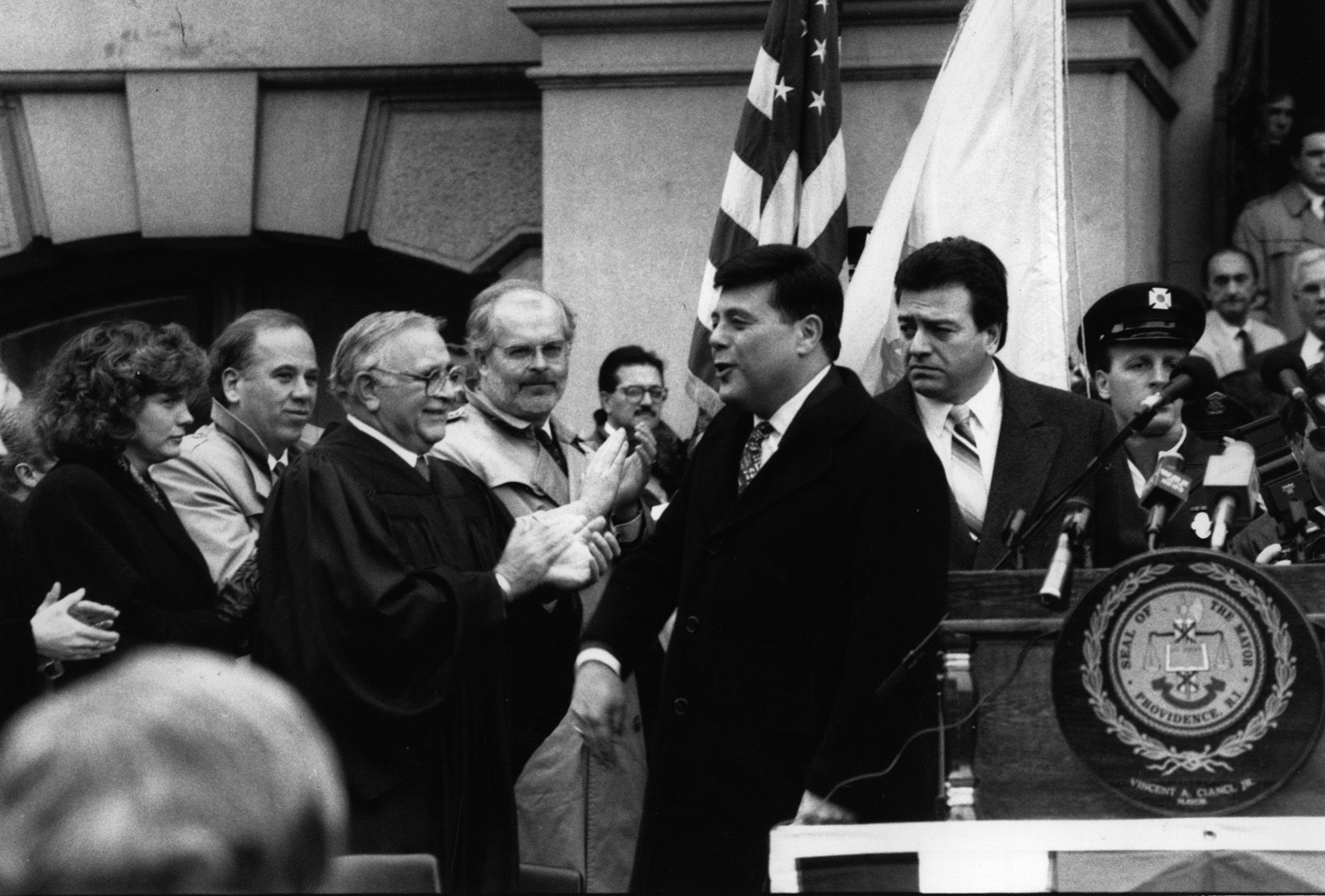 Buddy at his inauguration in 1991. Buddy won the election by just over 300 votes, his smallest margin ever. Courtesy of The Providence Journal/ James J. Molloy.