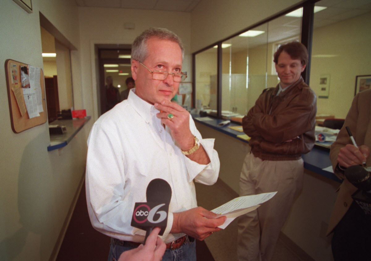Speaking with the press at his company, JKL Engineering, Freitas announces that he is the cooperating witness helping the FBI in Operation Plunder Dome. Courtesy of The Providence Journal/Ruben W. Perez.