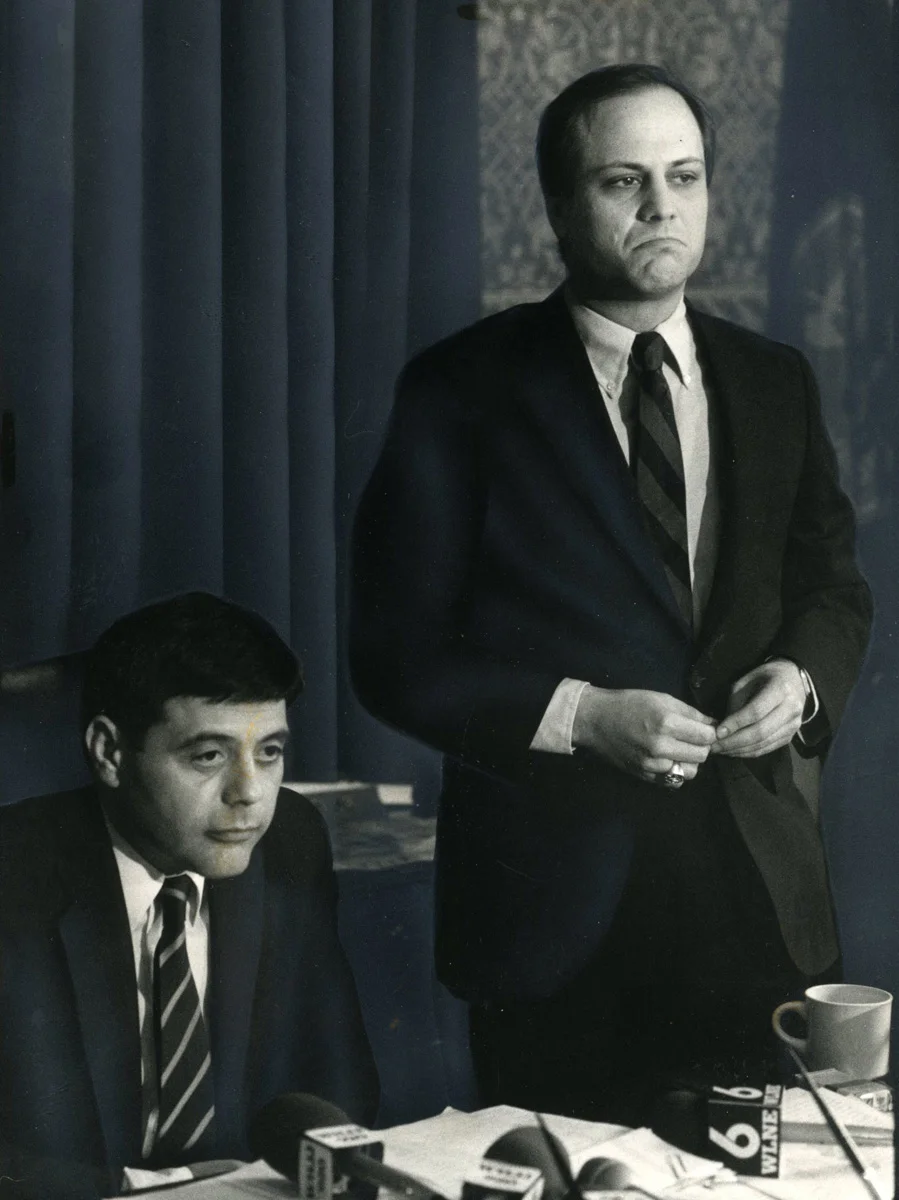 Mayor Buddy Cianci and City Council President Joseph R. Paolino Jr. at a news conference in 1984. After Buddy's 1984 resignation, Paolino succeeded him as mayor. The two were political rivals for most of their careers, but they later become friends. Courtesy of The Providence Journal.