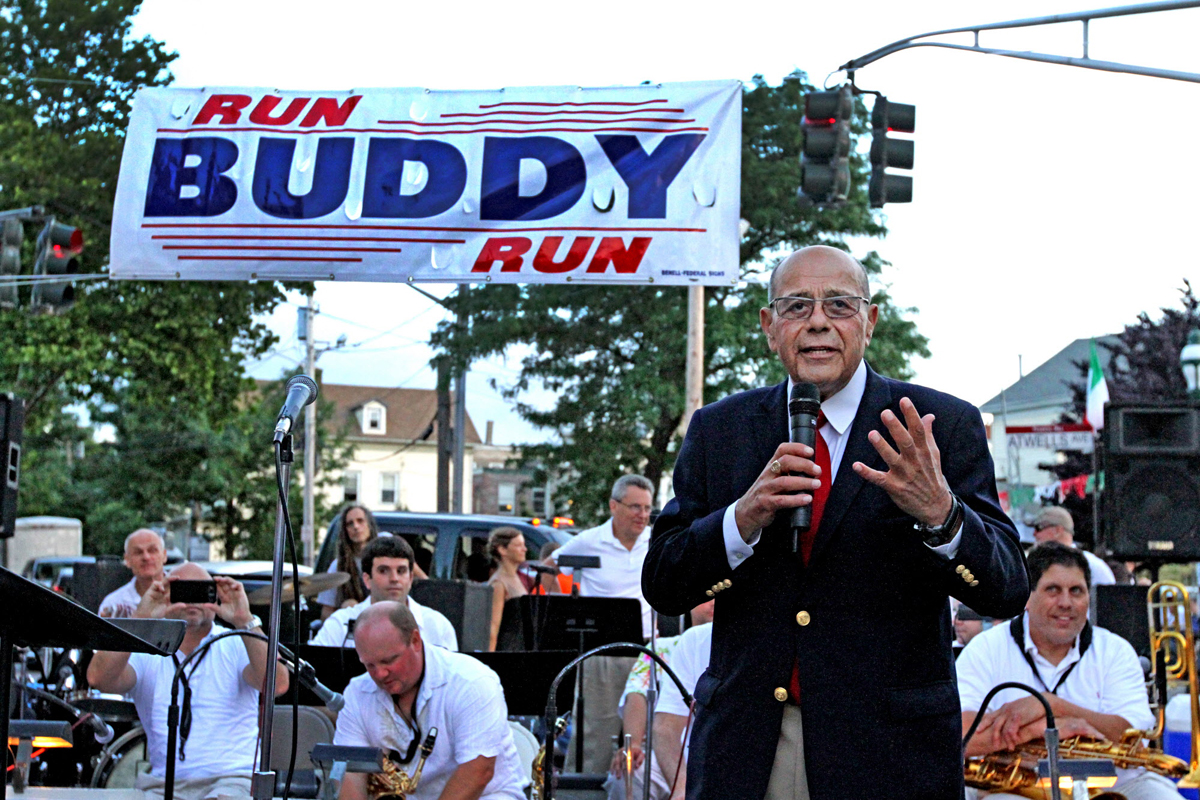 Buddy Cianci, then 73 years old, speaks to the crowd at the launch of his 2014 campaign. It was his seventh run for mayor of Providence. Courtesy of The Providence Journal/Bob Thayer.