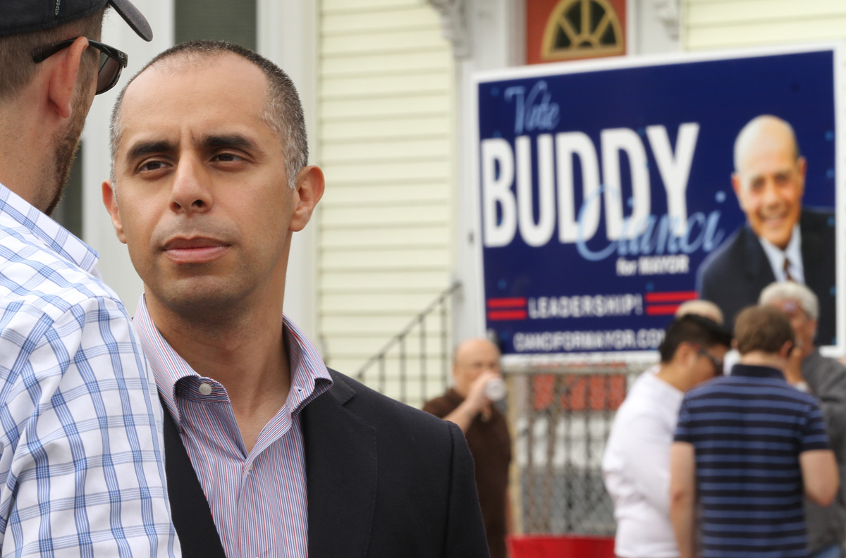 Democratic mayoral candidate and political newcomer Jorge Elorza talks with a friend at the West Broadway Neighborhood Association's Neighbor Day event in Providence. Courtesy of The Providence Journal/Bob Breidenbach.
