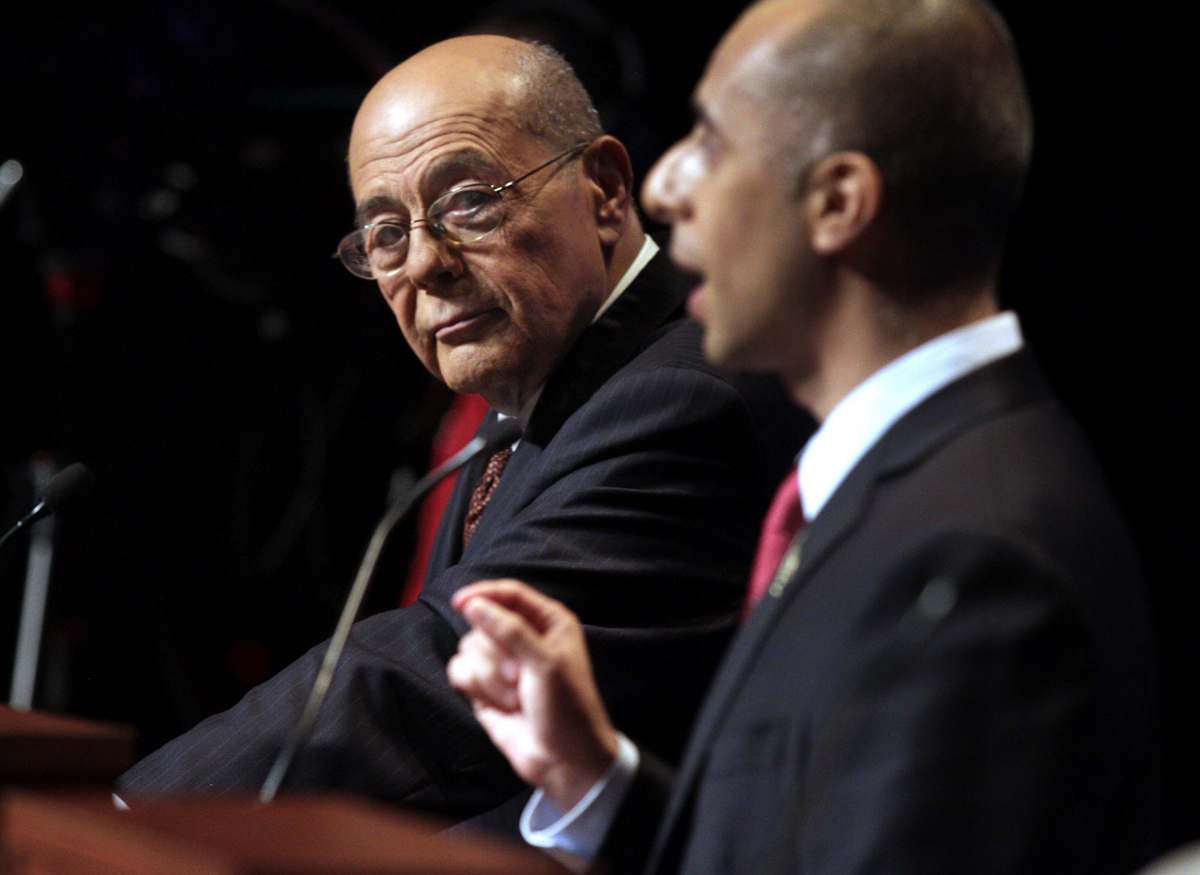 Buddy Cianci listens to a rebuttal from Jorge Elorza during a mayoral debate. The two candidates were neck and neck in early polls. Courtesy of The Providence Journal/Kris Craig.