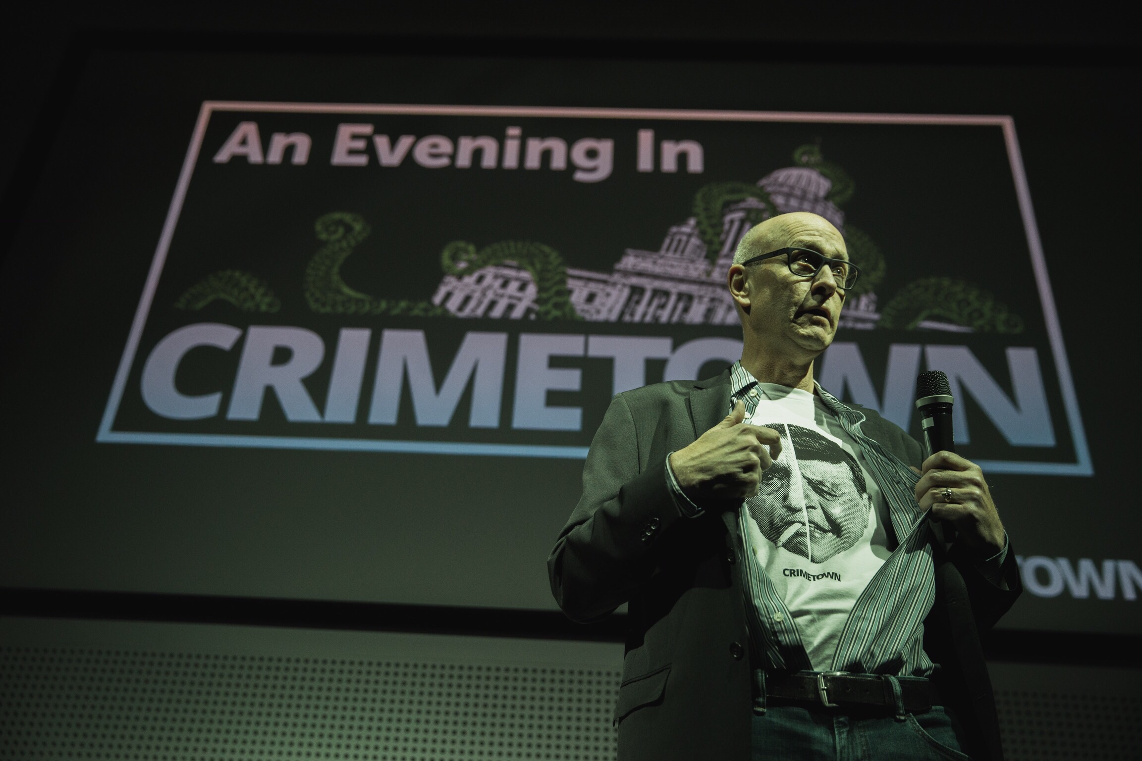 Dan Barry modeled the new Crimetown t-shirt, which puts Buddy Cianci and Raymond Patriarca — "the yin and the yin of Providence" — side by side. Courtesy of David Jacobson .