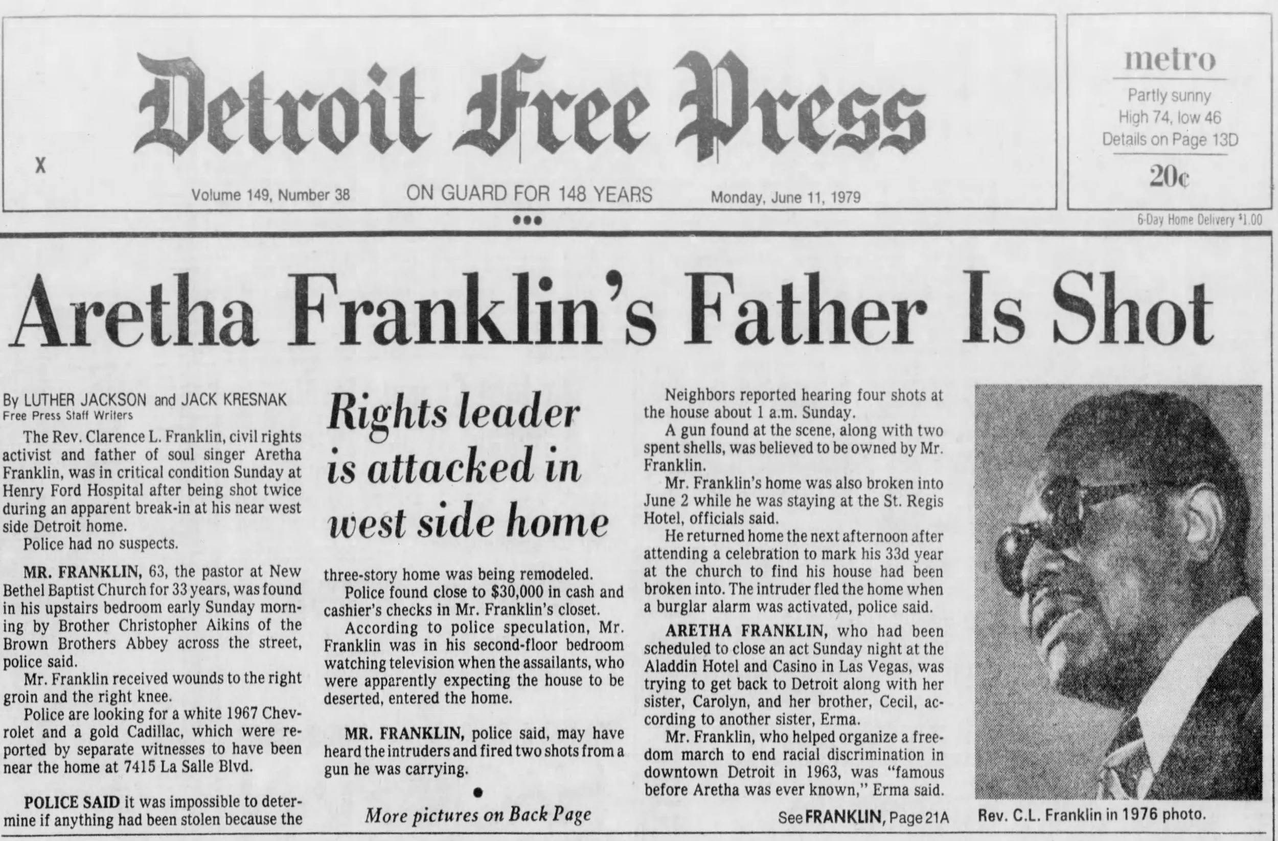 When the preacher C.L. Franklin was shot, the police initially had a hard time finding the suspects. So Mayor Coleman Young called on Larry Mongo to ask around in the streets and find out who was responsible. Courtesy of the Detroit Free Press.