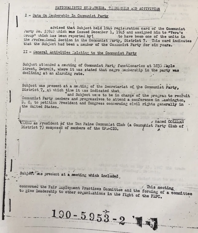 FBI agents would follow Coleman Young to meetings with other Communist Party members. They also had informants inside the Party, as this document indicates.