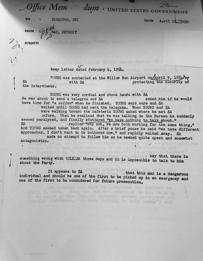 This document describes an encounter that turned contentious once Coleman Young realized he was speaking with an FBI agent. The document concludes that Young is “a dangerous individual” who should be “one of the first to be considered for future prosecution.”