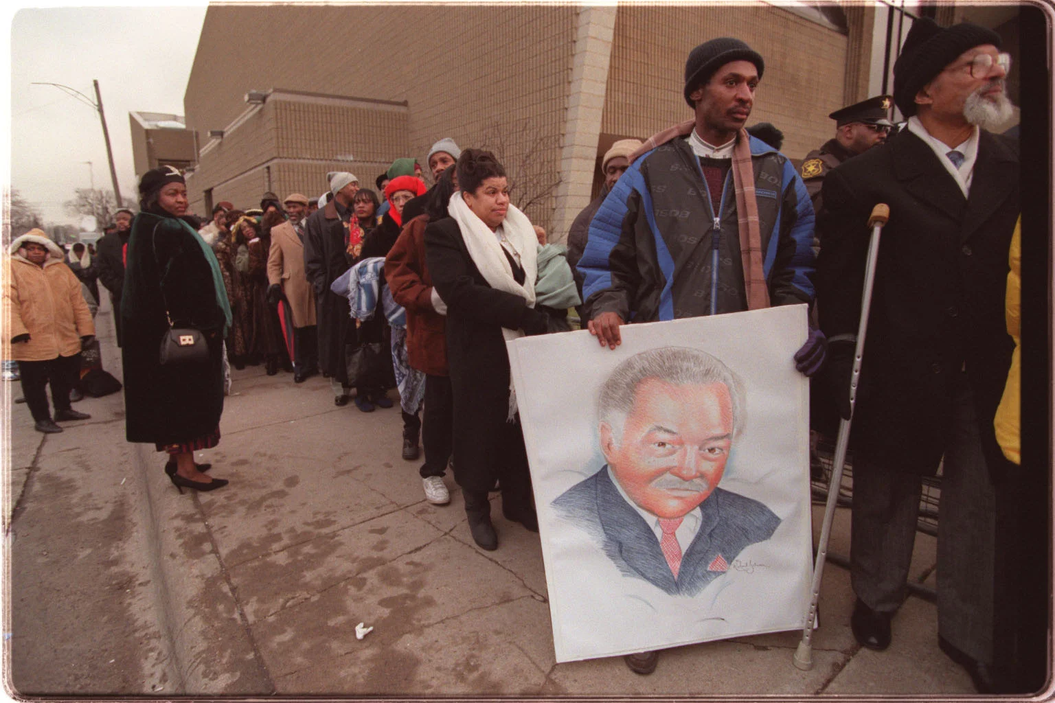 Early on Friday, December 5, 1997, people began lining up early around Greater Grace Temple to get a seat for Coleman Young's funeral. Young died of complications from emphysema at the age of 79, after wrapping up his two-decade career as mayor of Detroit several years earlier. Courtesy of the Detroit Free Press.