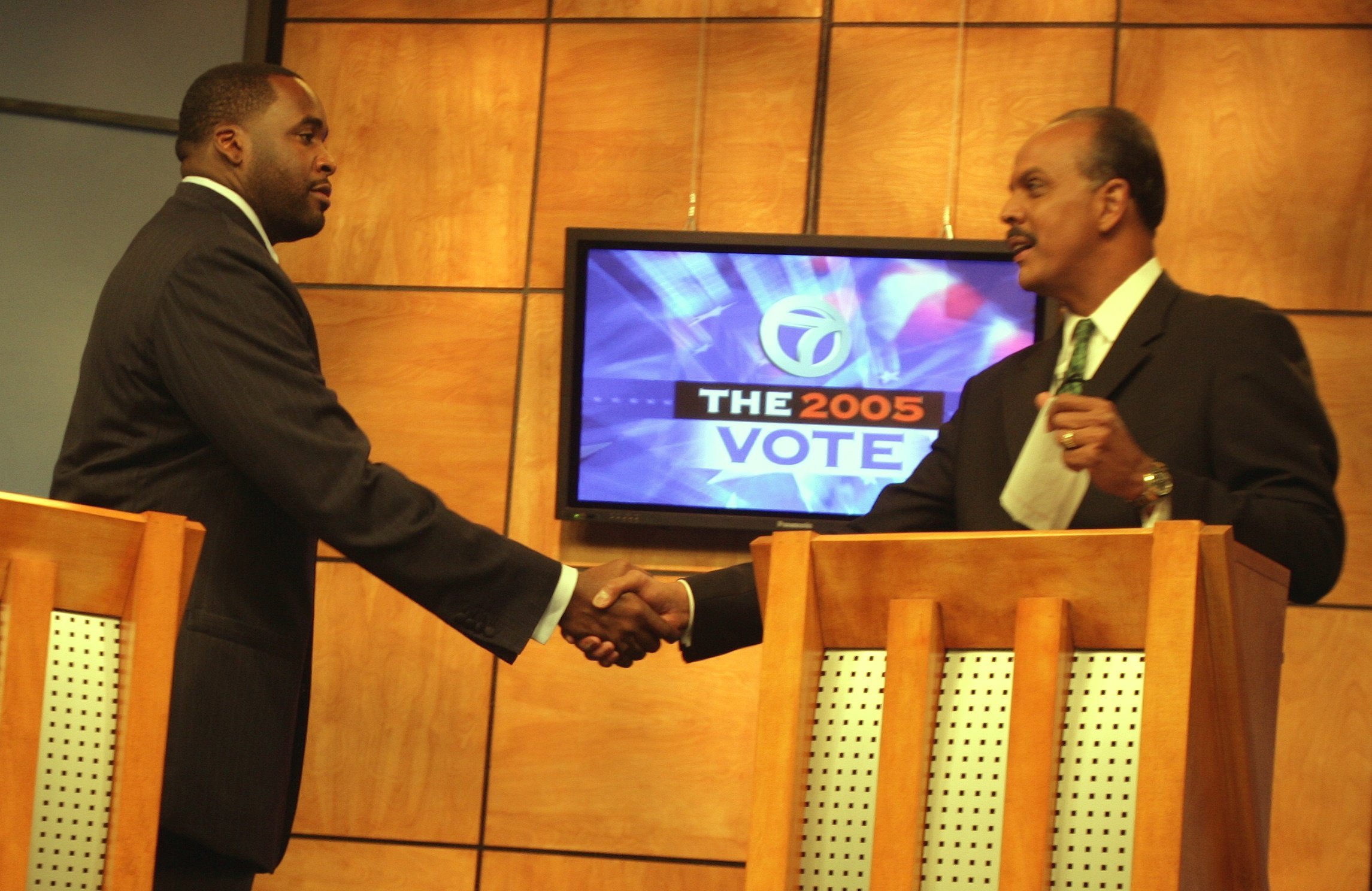 Over the course of three debates, Kwame Kilpatrick and Freman Hendrix sparred on the issues, but things also got personal. Hendrix called Kilpatrick out for his flashy persona, and in one debate Kilpatrick insinuated that Hendrix had a criminal record. Courtesy of the Detroit Free Press.