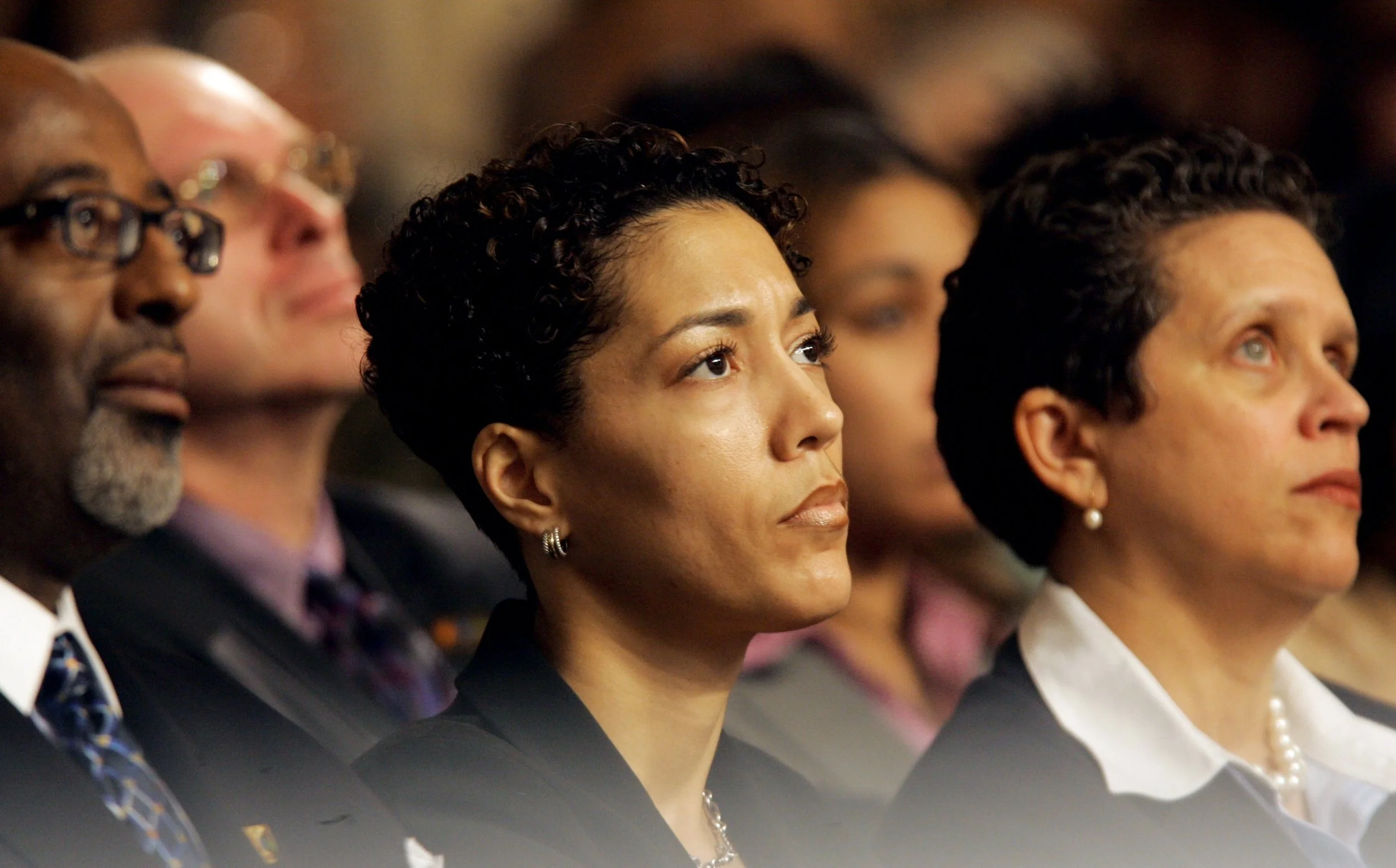 Chief of Staff Christine Beatty listens as Detroit Mayor Kwame Kilpatrick gives his State of the City Address in 2005. Courtesy of the Detroit Free Press.