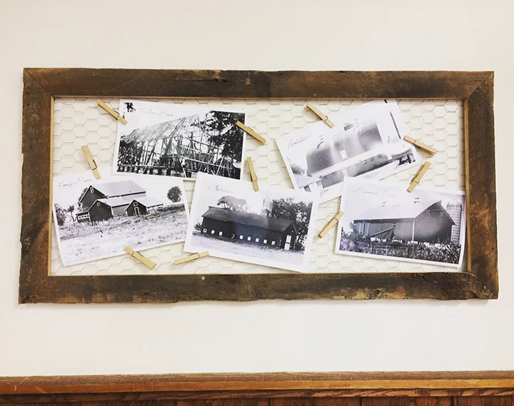 Original barn wood frame + chicken wire, with images of original barns on site
