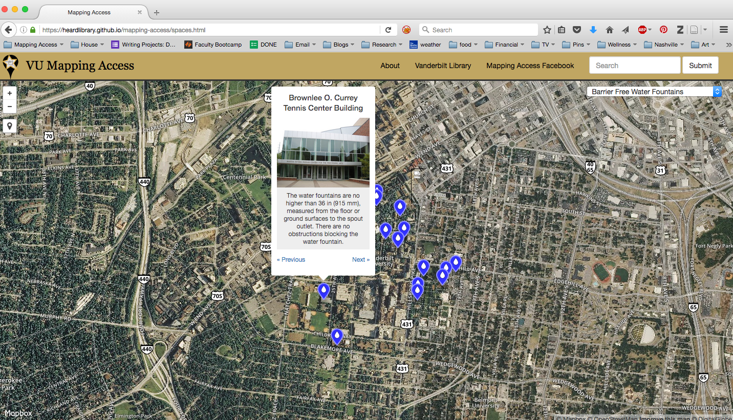 Image: A screenshot of a map viewed through a web browser. Blue dots indicate the locations of accessible water fountains and a pop-up from one dot shows an image of a building, describing the accessibility features of the water fountains inside.