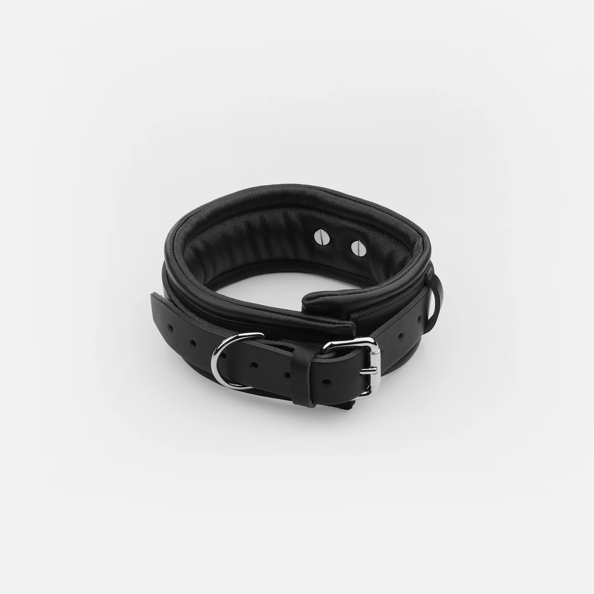 Black padded leather collar with adjustable buckle and multiple D-rings by Dominatrix Schoo