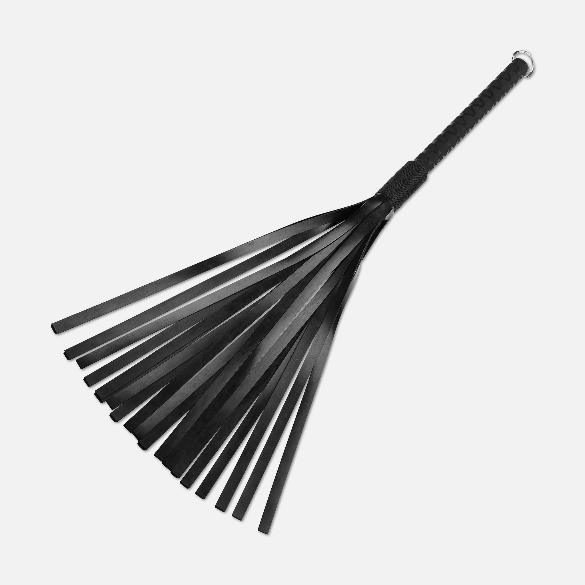 heavy weight black leather flogger with latex tails and extended handleg