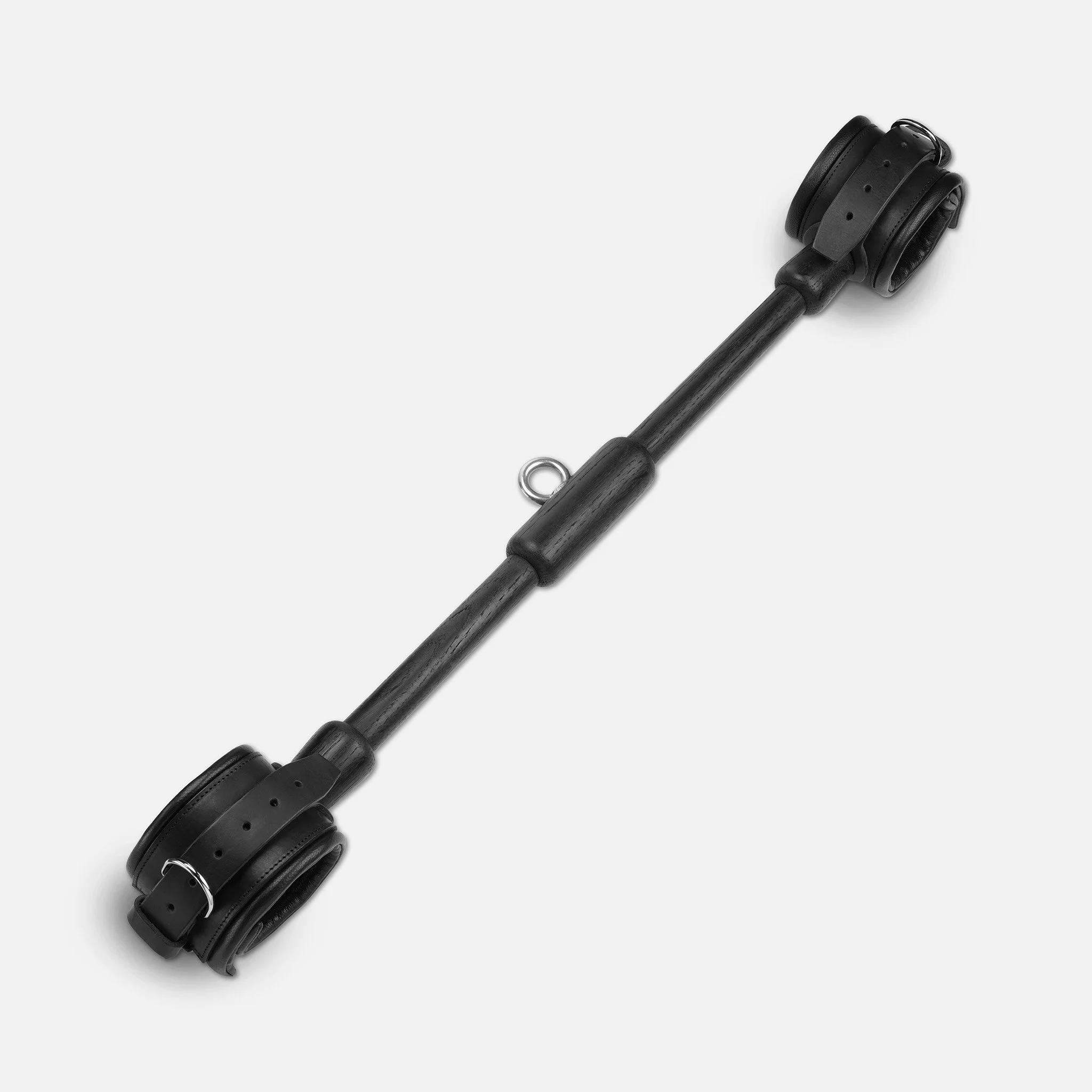 above image of leather cuffed black oak spreader bar with stainless steel centre eyelet