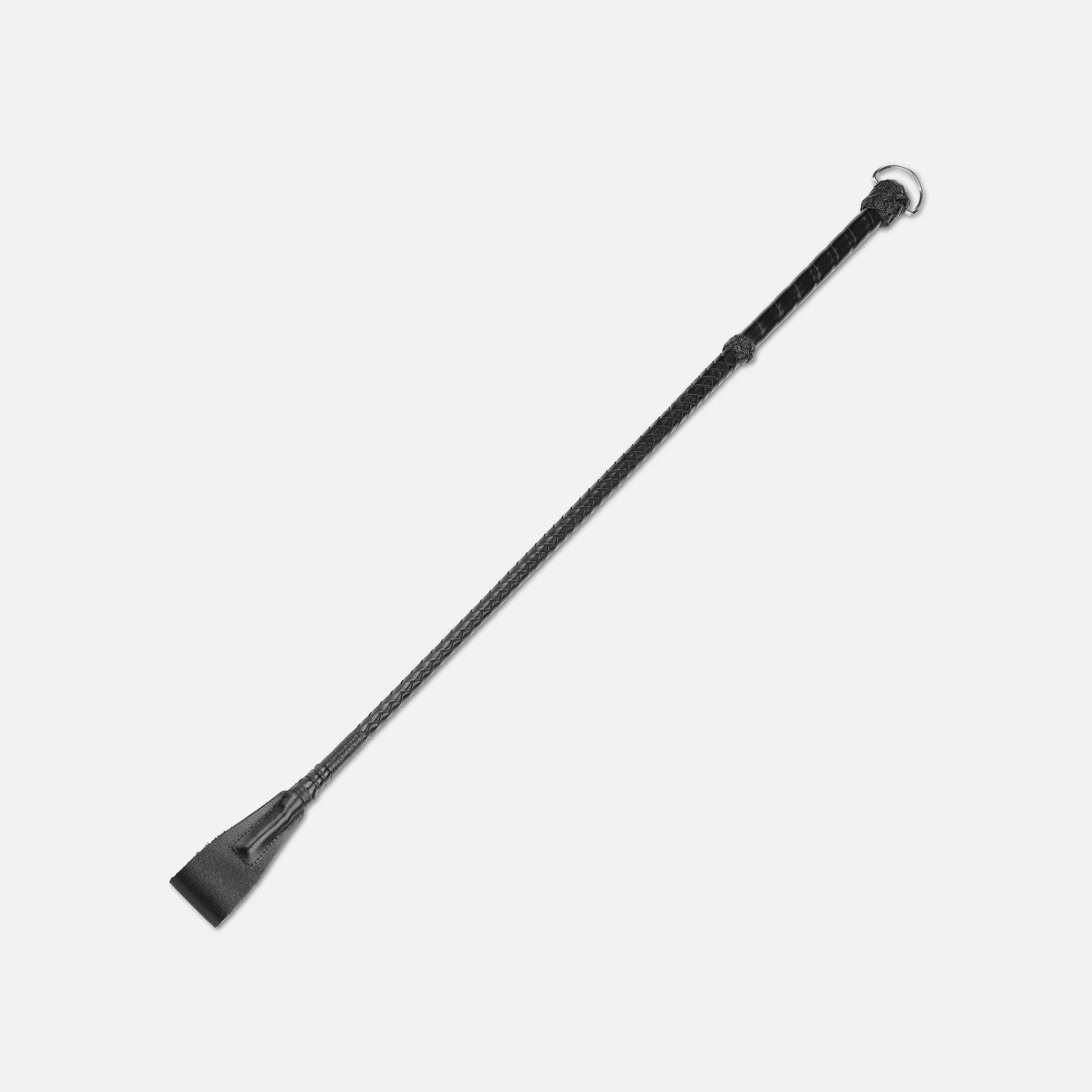 Fall length image of black leather riding crop with D ring