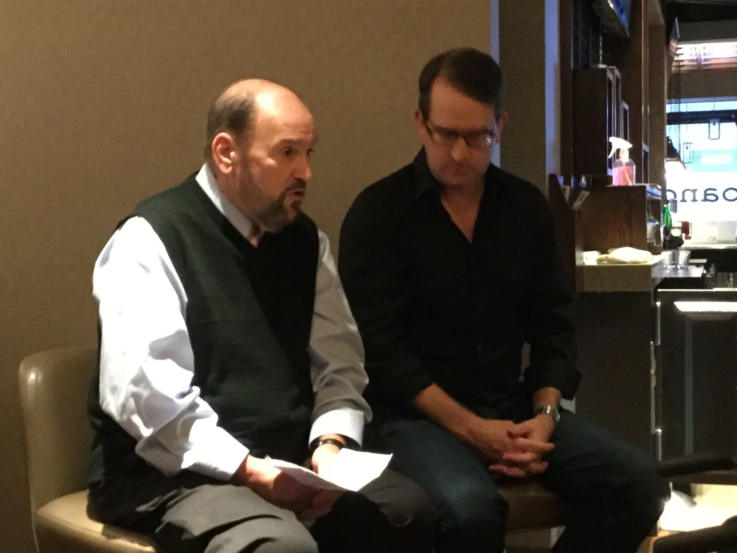Artistic Director, Dominic Massini interviewing Tootsie cast remember, James Moye at our pre-theater brunch at Roanoke.