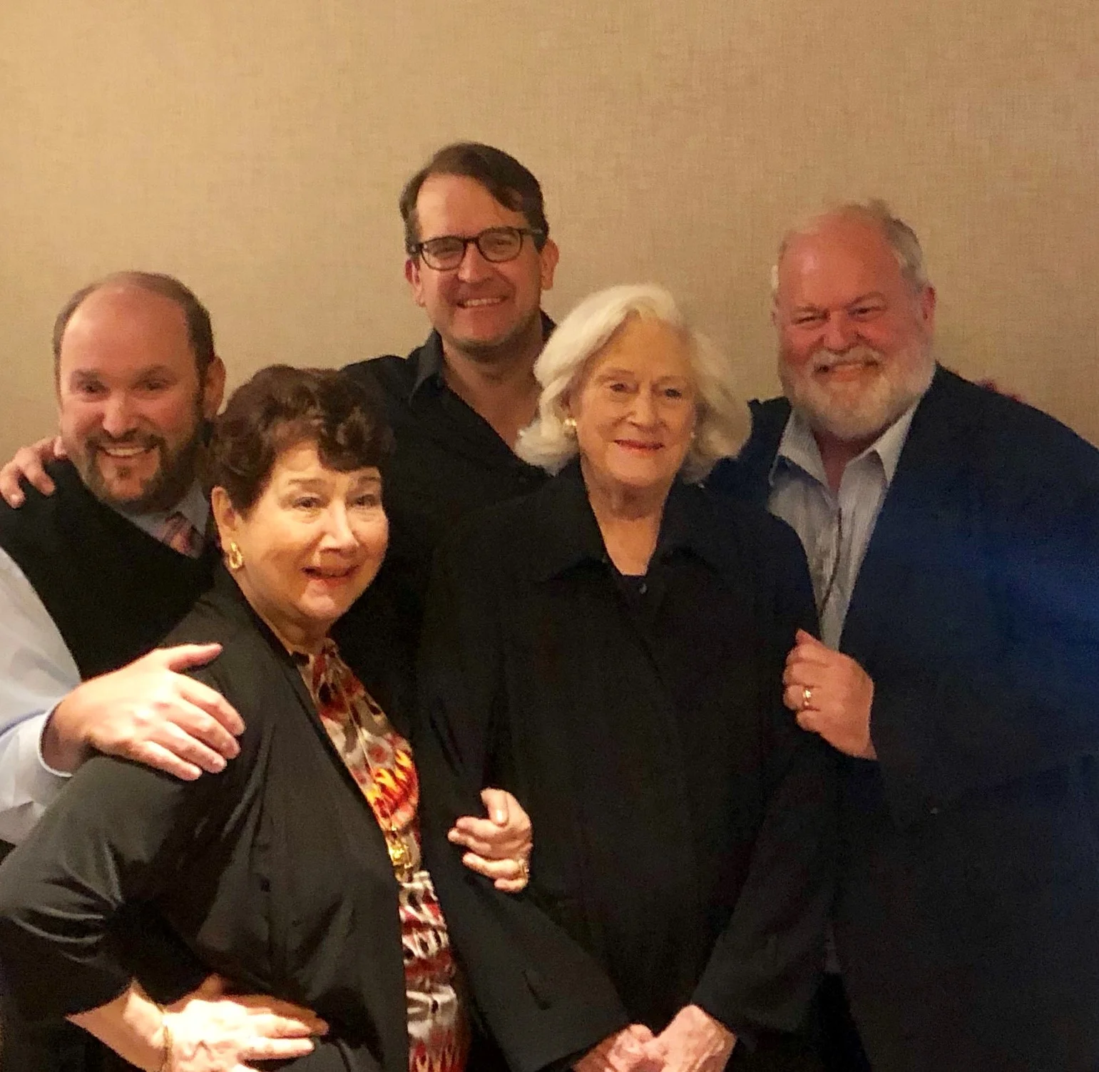 Dominic Massini, Artistic Director; Mary Lou Bilder Gold, past President; James Moye, Tootsie cast member; Donna Atwater, co-Founder; and Martin Balogh, President.