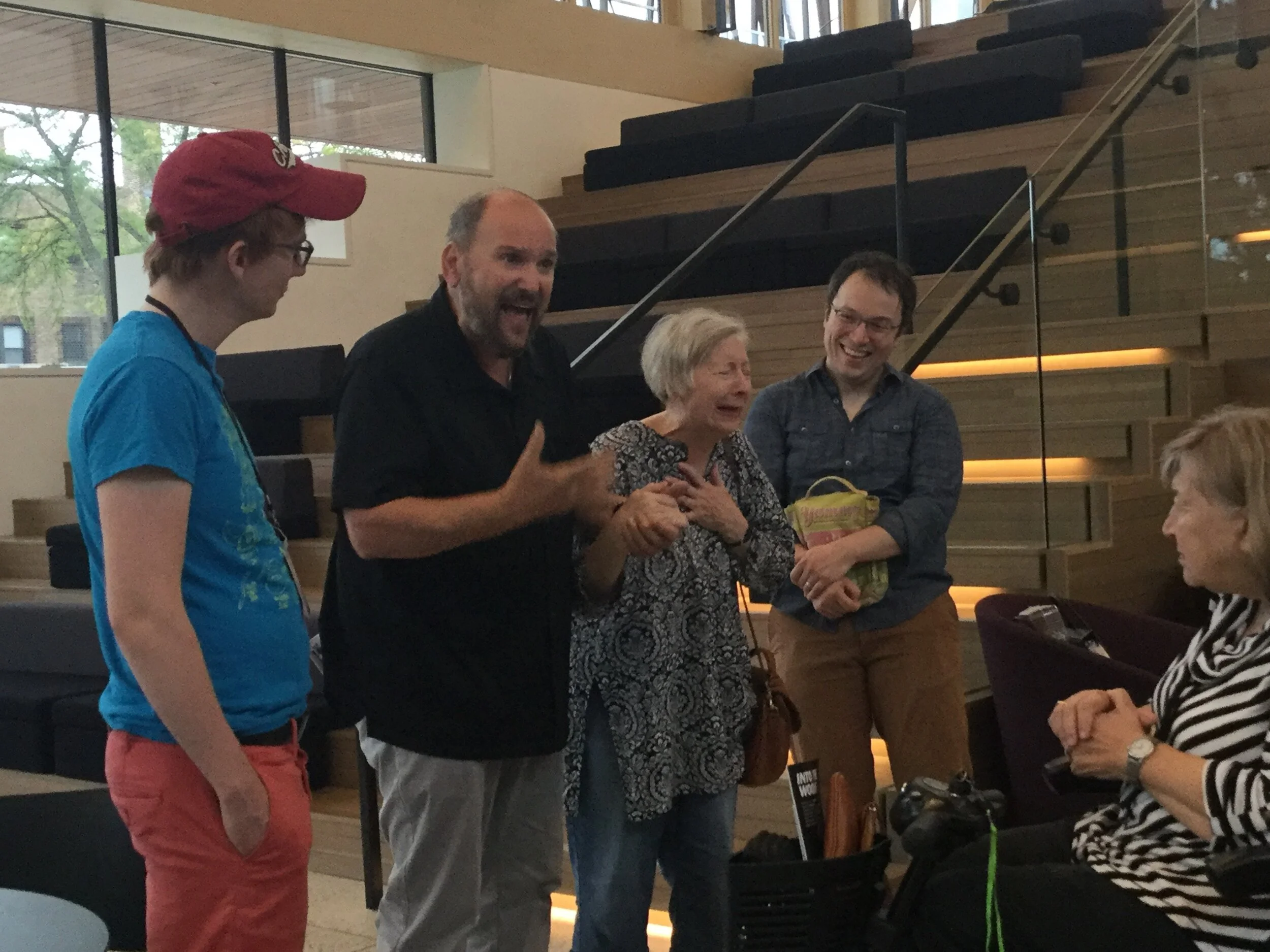Dominic Missimi leading a talkback with cast members from the incredible Writers Theatre production of Into The Woods . Left to right Ben Barker (Jack), Dominic Missimi, Mary Poole (Milky White) and Michael Mahler (Baker).