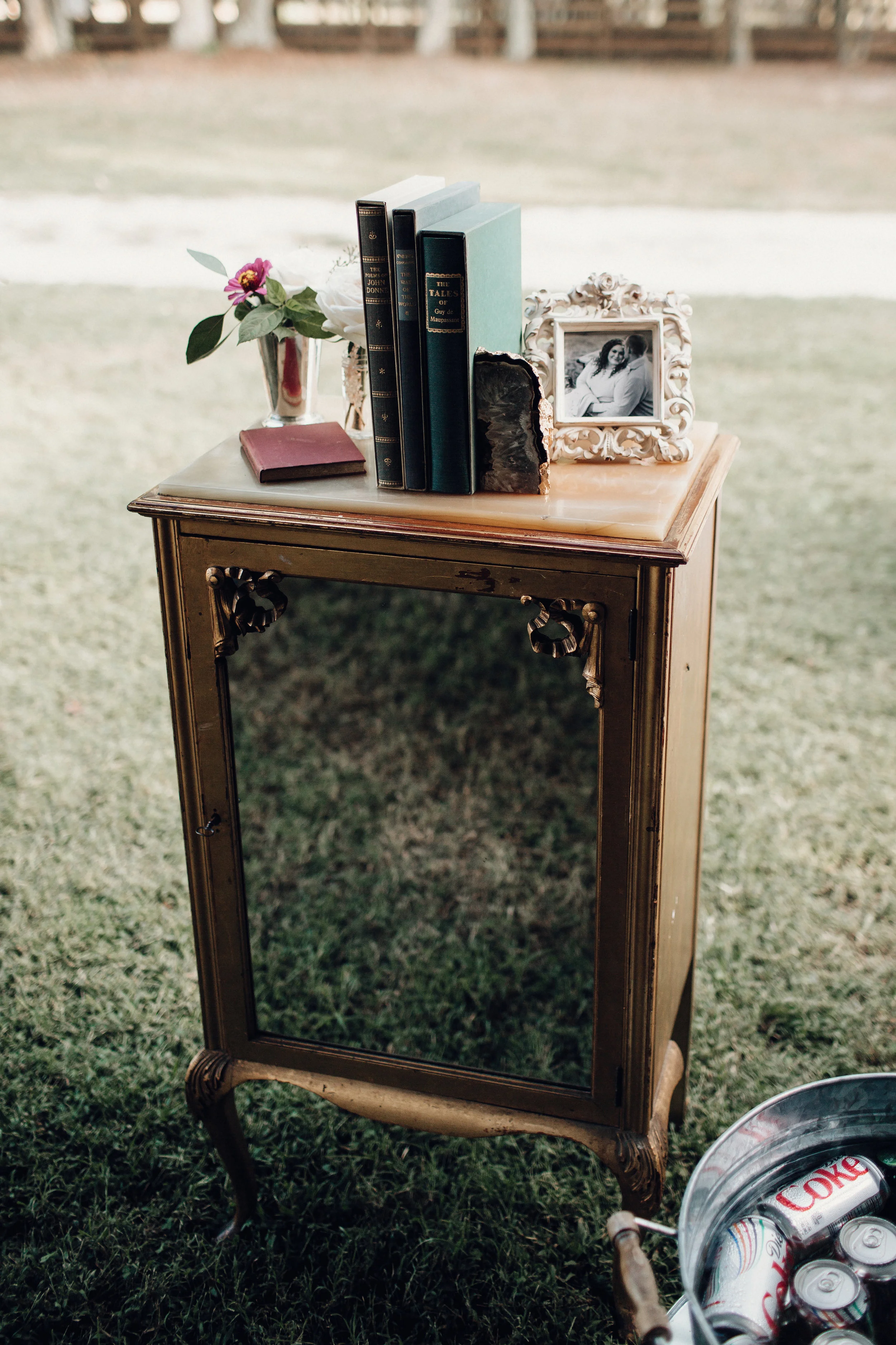 Gold Gilt, Mirror Front, and Stone Topped Cabinet