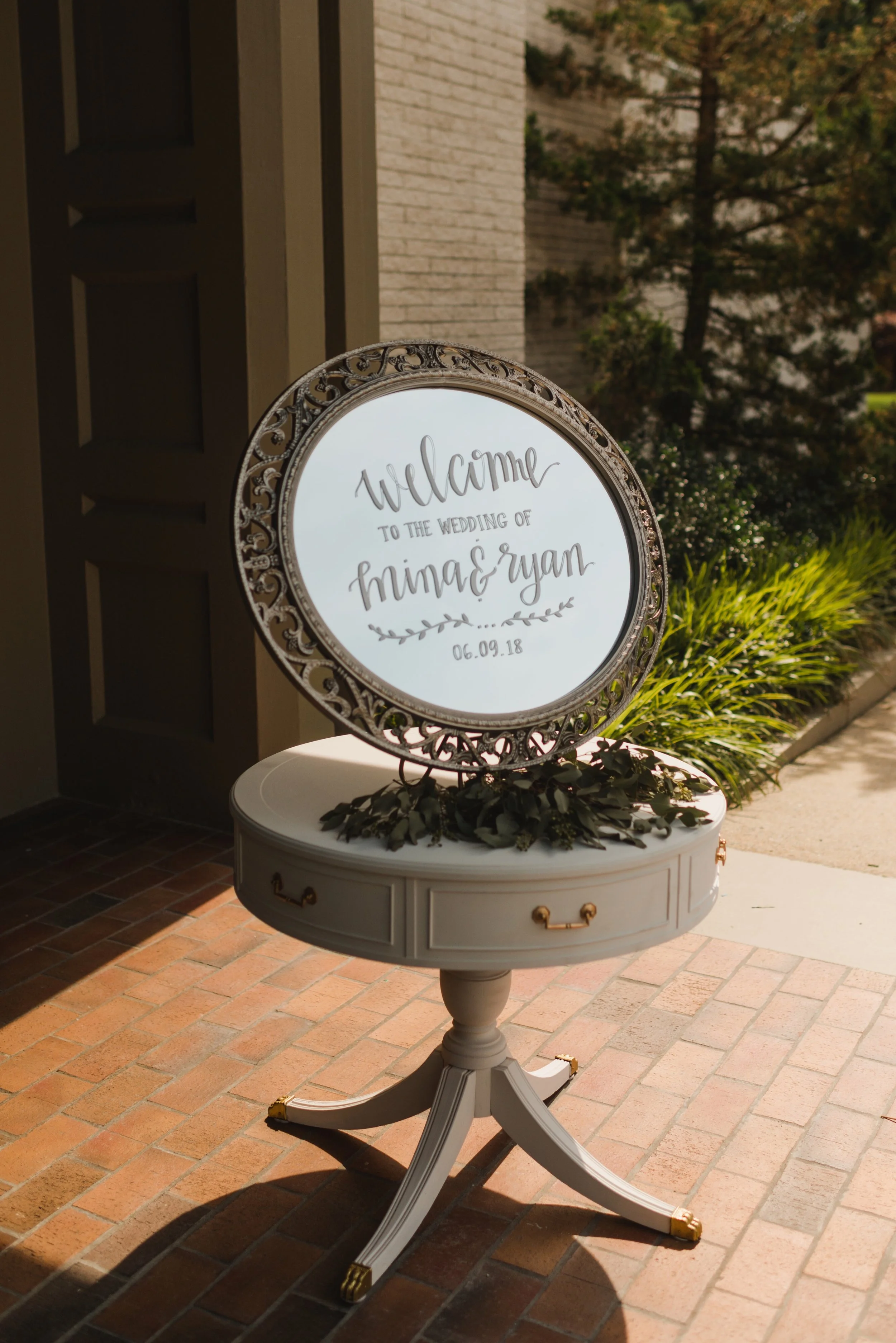 Aged Silver Oval Mirrored Sign